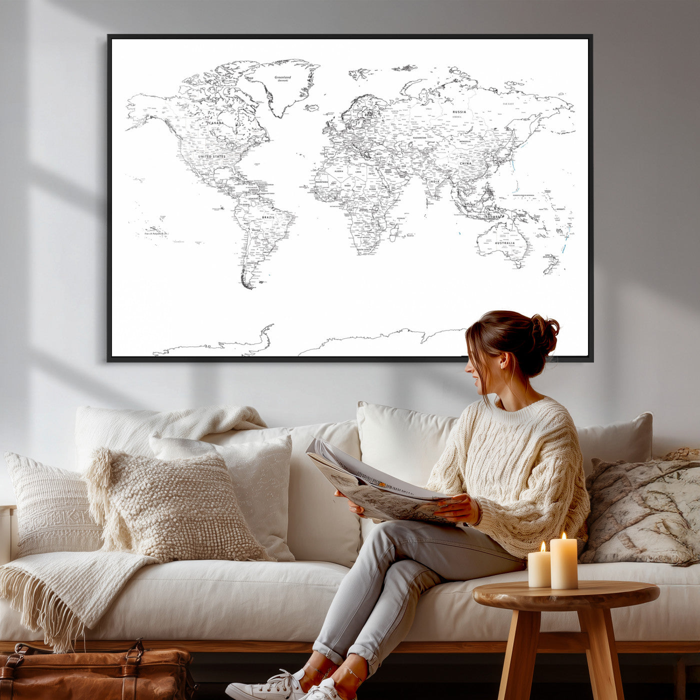 21002736-MGV-CV-36X24 - World Map Wall Art Canvas Print, Modern Decorative Framed Map Artwork Prints for Living Room, Office, Bedroom Wall Decor