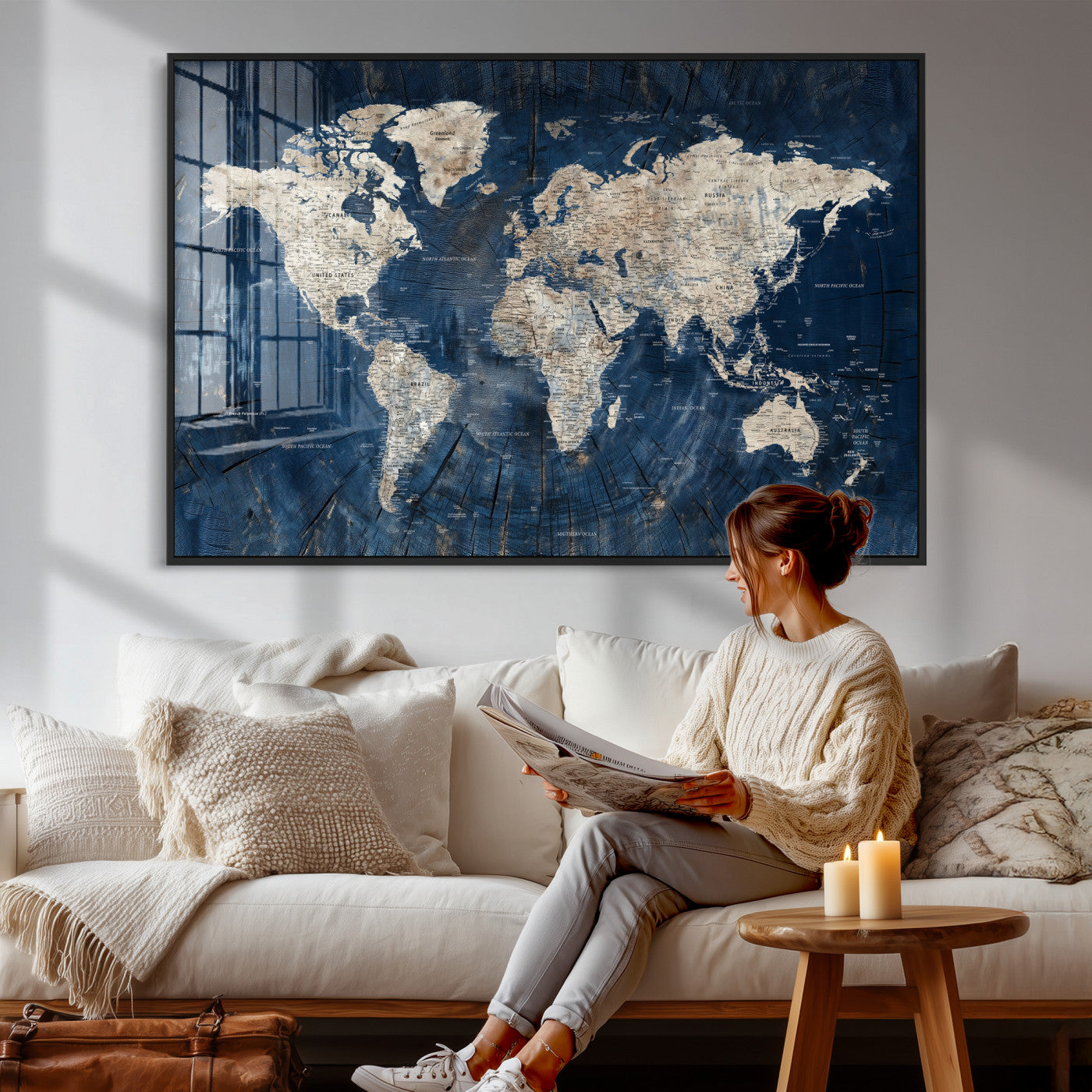 56126010-MGV-CV-36X24 - World Map Wall Art Canvas Print, Modern Decorative Framed Map Artwork Prints for Living Room, Office, Bedroom Wall Decor