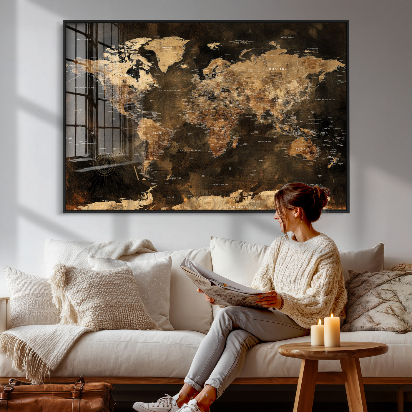 97742922-MGV-CV-36X24 - World Map Wall Art Canvas Print, Modern Decorative Framed Map Artwork Prints for Living Room, Office, Bedroom Wall Decor