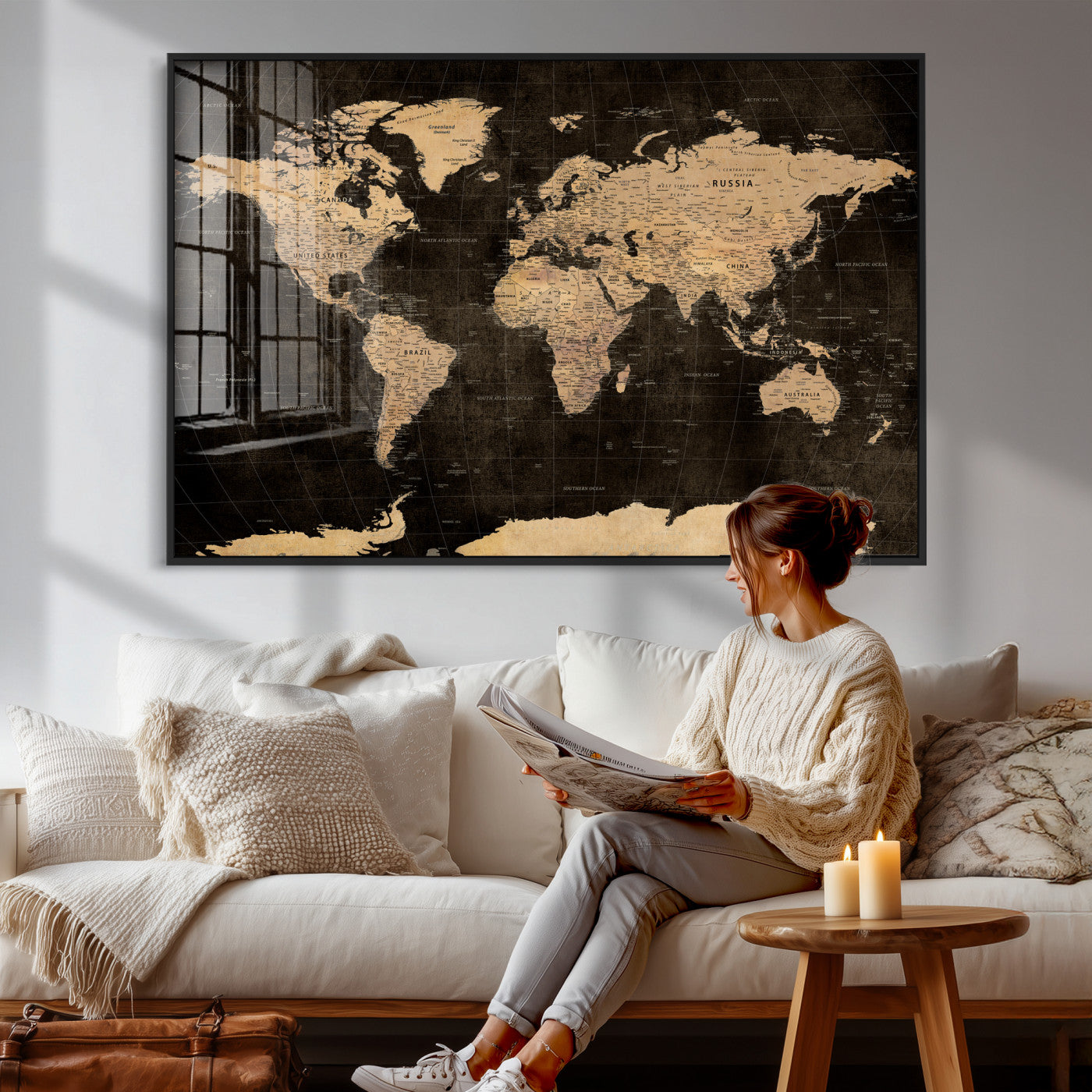 17790470-MGV-CV-36X24 - World Map Wall Art Canvas Print, Modern Decorative Framed Map Artwork Prints for Living Room, Office, Bedroom Wall Decor