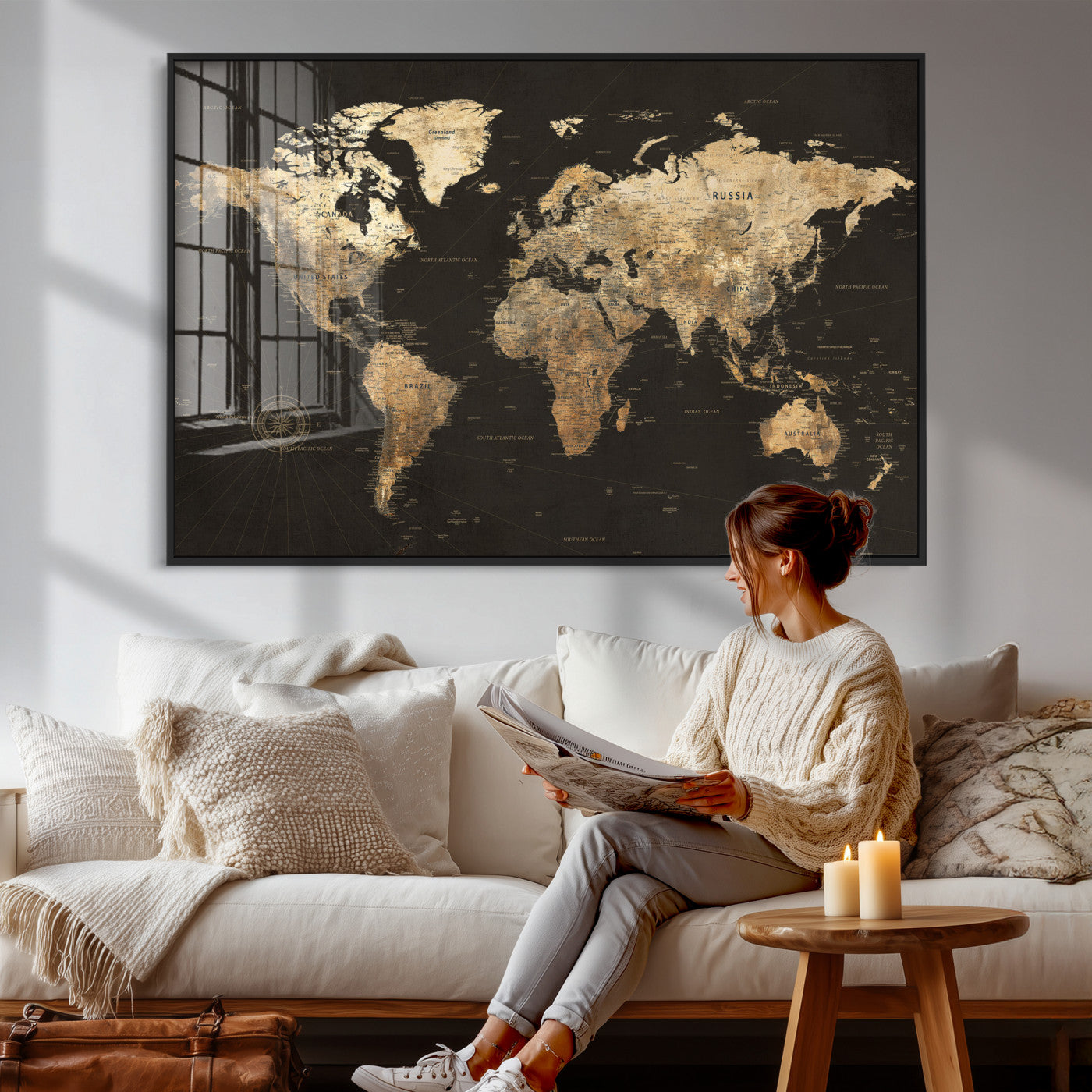 70985630-MGV-CV-36X24 - World Map Wall Art Canvas Print, Modern Decorative Framed Map Artwork Prints for Living Room, Office, Bedroom Wall Decor