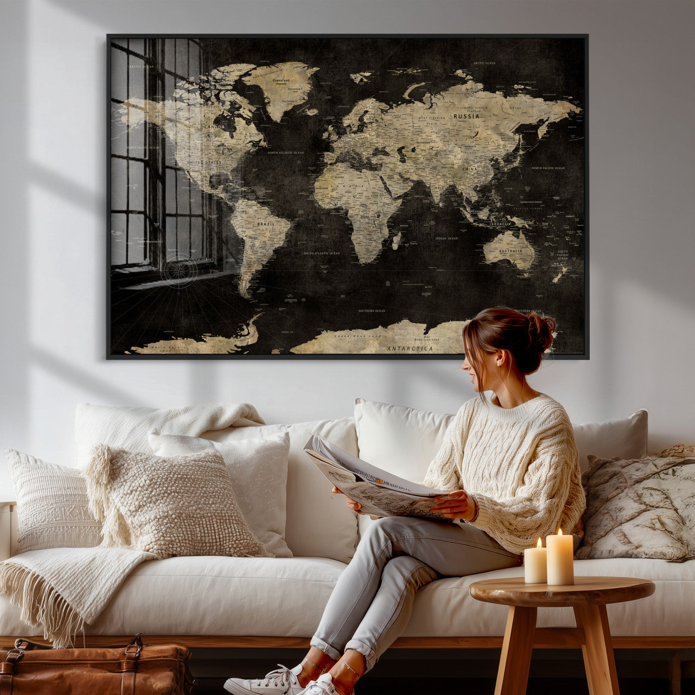 60653880-MGV-CV-36X24 - World Map Wall Art Canvas Print, Modern Decorative Framed Map Artwork Prints for Living Room, Office, Bedroom Wall Decor