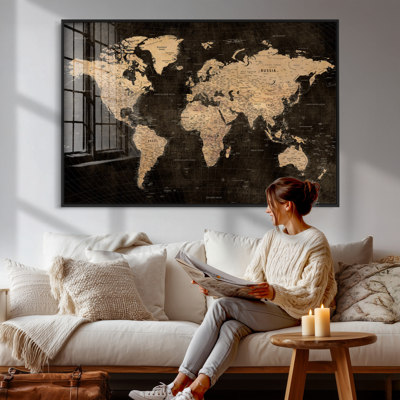15118265-MGV-CV-36X24 - World Map Wall Art Canvas Print, Modern Decorative Framed Map Artwork Prints for Living Room, Office, Bedroom Wall Decor