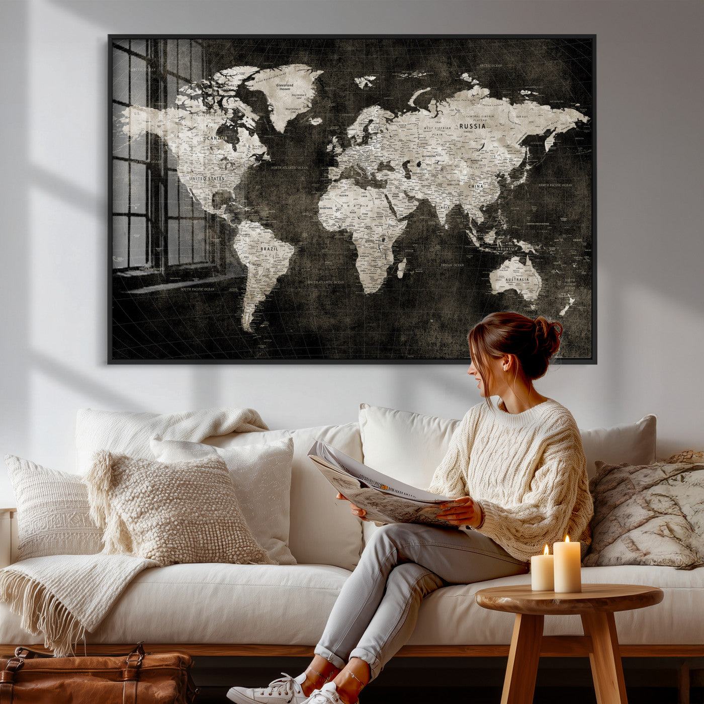 94581666-MGV-CV-36X24 - World Map Wall Art Canvas Print, Modern Decorative Framed Map Artwork Prints for Living Room, Office, Bedroom Wall Decor