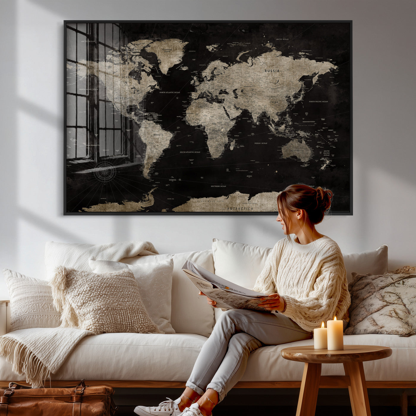 56225956-MGV-CV-36X24 - World Map Wall Art Canvas Print, Modern Decorative Framed Map Artwork Prints for Living Room, Office, Bedroom Wall Decor