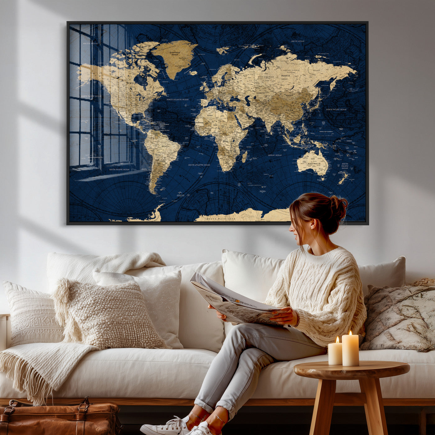 54770746-MGV-CV-36X24 - World Map Wall Art Canvas Print, Modern Decorative Framed Map Artwork Prints for Living Room, Office, Bedroom Wall Decor
