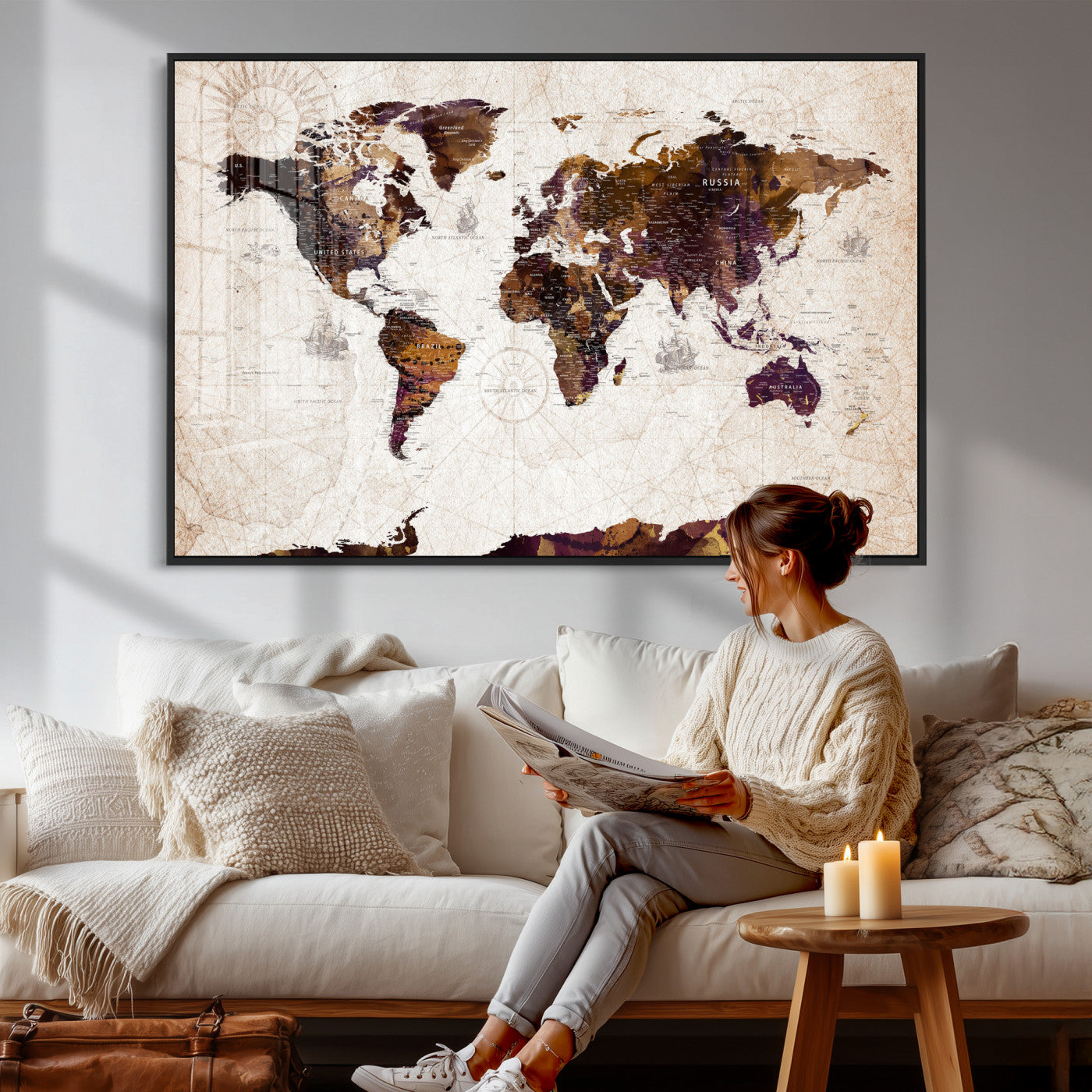 53400857-MGV-CV-36X24 - World Map Wall Art Canvas Print, Modern Decorative Framed Map Artwork Prints for Living Room, Office, Bedroom Wall Decor