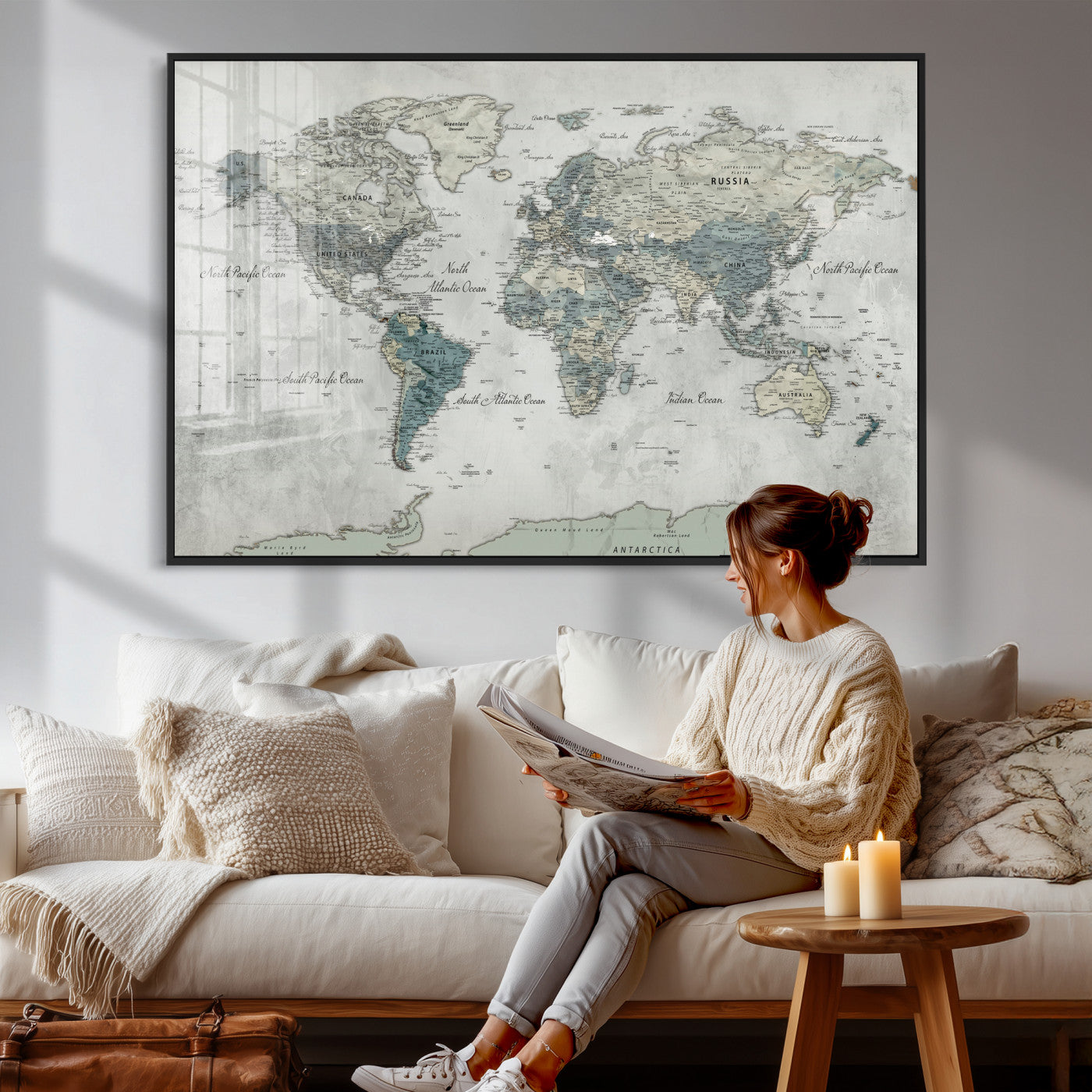 91132939-MGV-CV-36X24 - World Map Wall Art Canvas Print, Modern Decorative Framed Map Artwork Prints for Living Room, Office, Bedroom Wall Decor