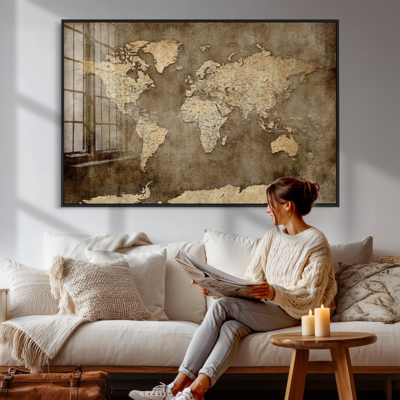 35847542-MGV-CV-36X24 - World Map Wall Art Canvas Print, Modern Decorative Framed Map Artwork Prints for Living Room, Office, Bedroom Wall Decor