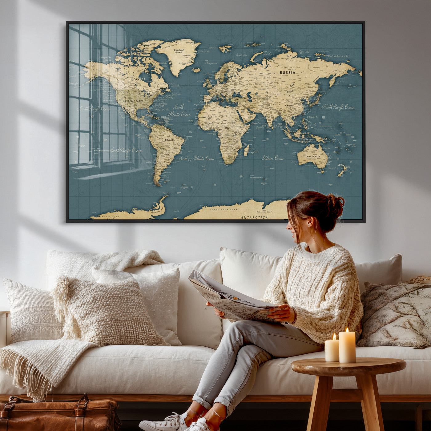 99599383-MGV-CV-36X24 - World Map Wall Art Canvas Print, Modern Decorative Framed Map Artwork Prints for Living Room, Office, Bedroom Wall Decor
