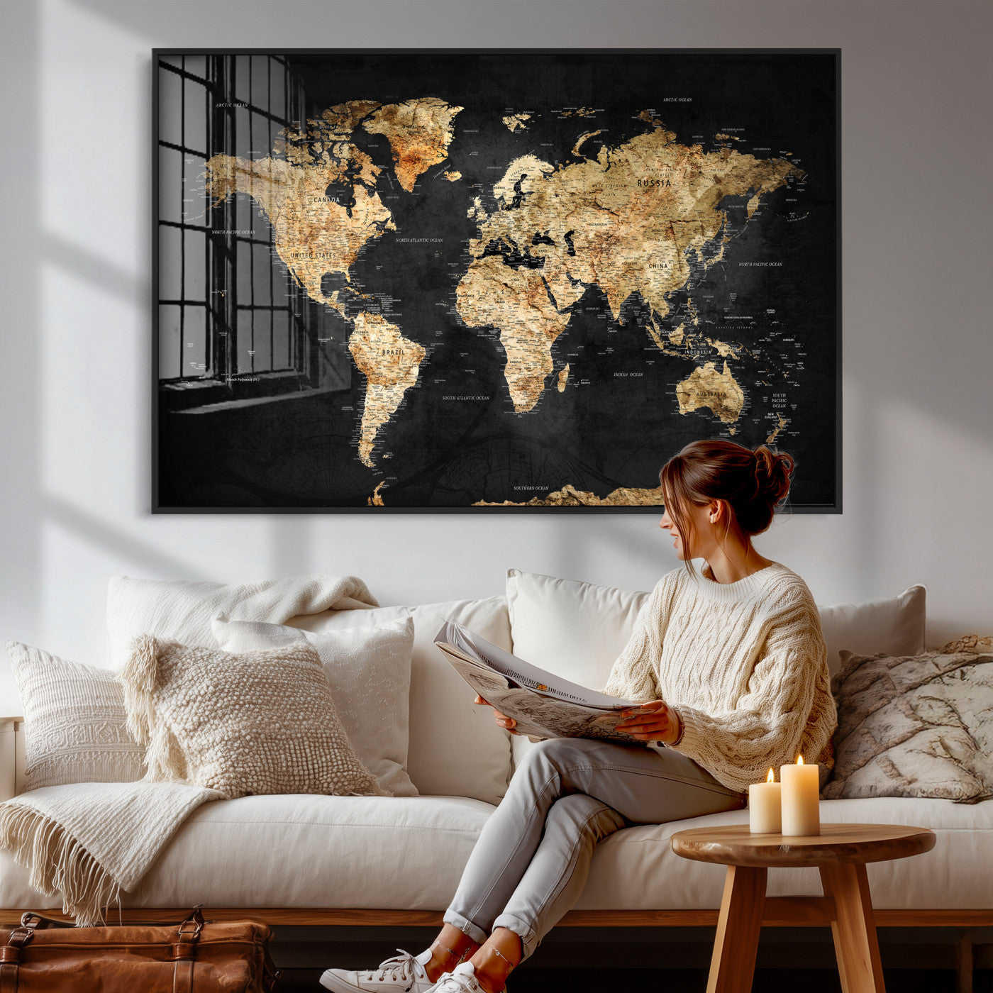 23568589-MGV-CV-36X24 - World Map Wall Art Canvas Print, Modern Decorative Framed Map Artwork Prints for Living Room, Office, Bedroom Wall Decor