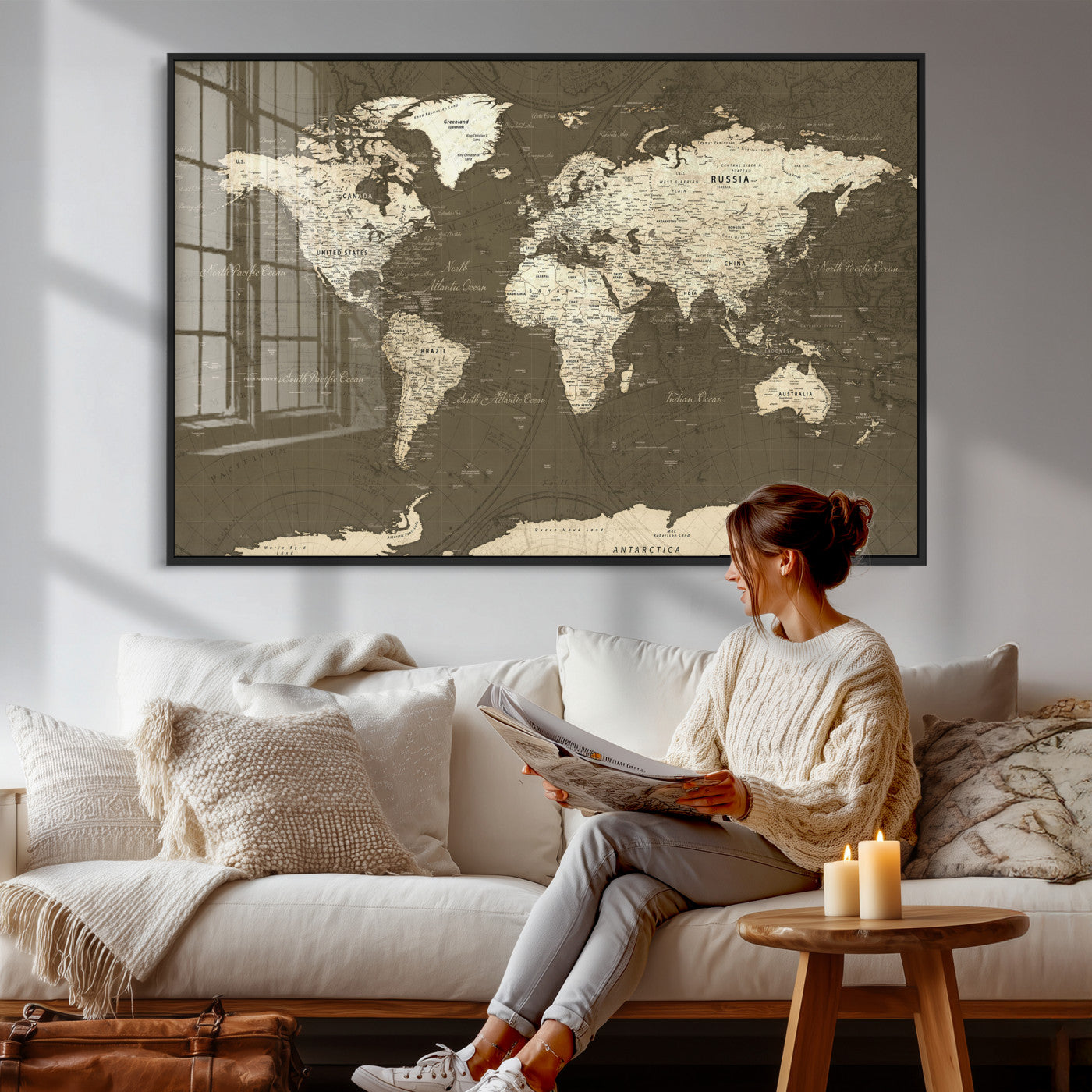 33202610-MGV-CV-36X24 - World Map Wall Art Canvas Print, Modern Decorative Framed Map Artwork Prints for Living Room, Office, Bedroom Wall Decor