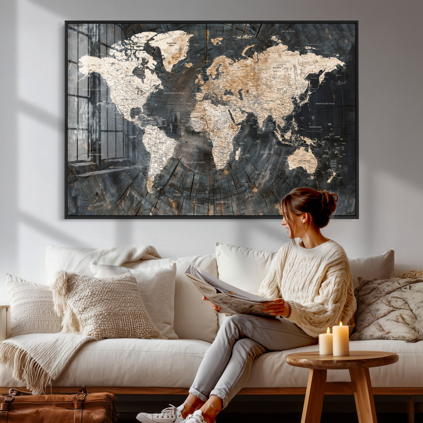 89162112-MGV-CV-36X24 - World Map Wall Art Canvas Print, Modern Decorative Framed Map Artwork Prints for Living Room, Office, Bedroom Wall Decor