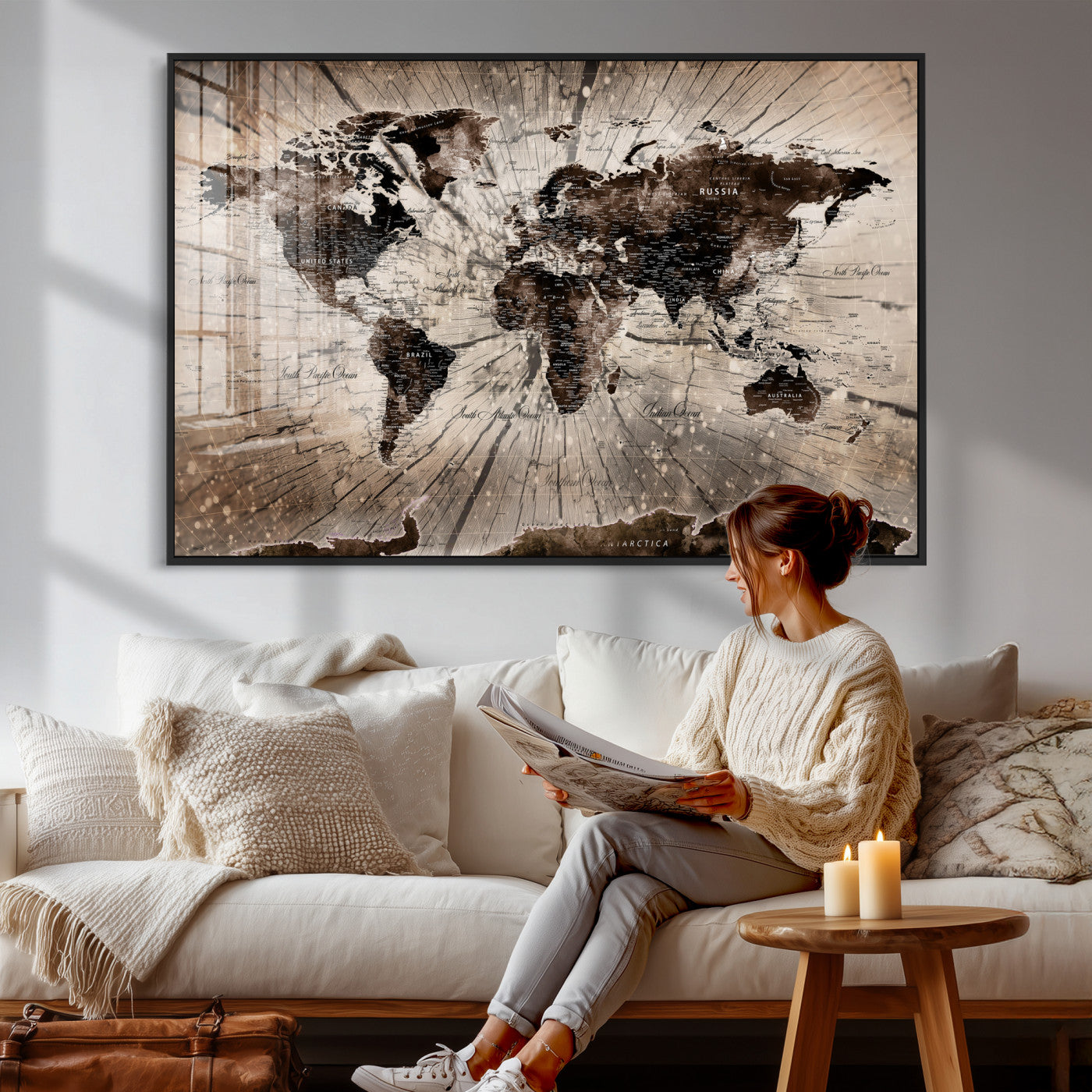94623295-MGV-CV-36X24 - World Map Wall Art Canvas Print, Modern Decorative Framed Map Artwork Prints for Living Room, Office, Bedroom Wall Decor