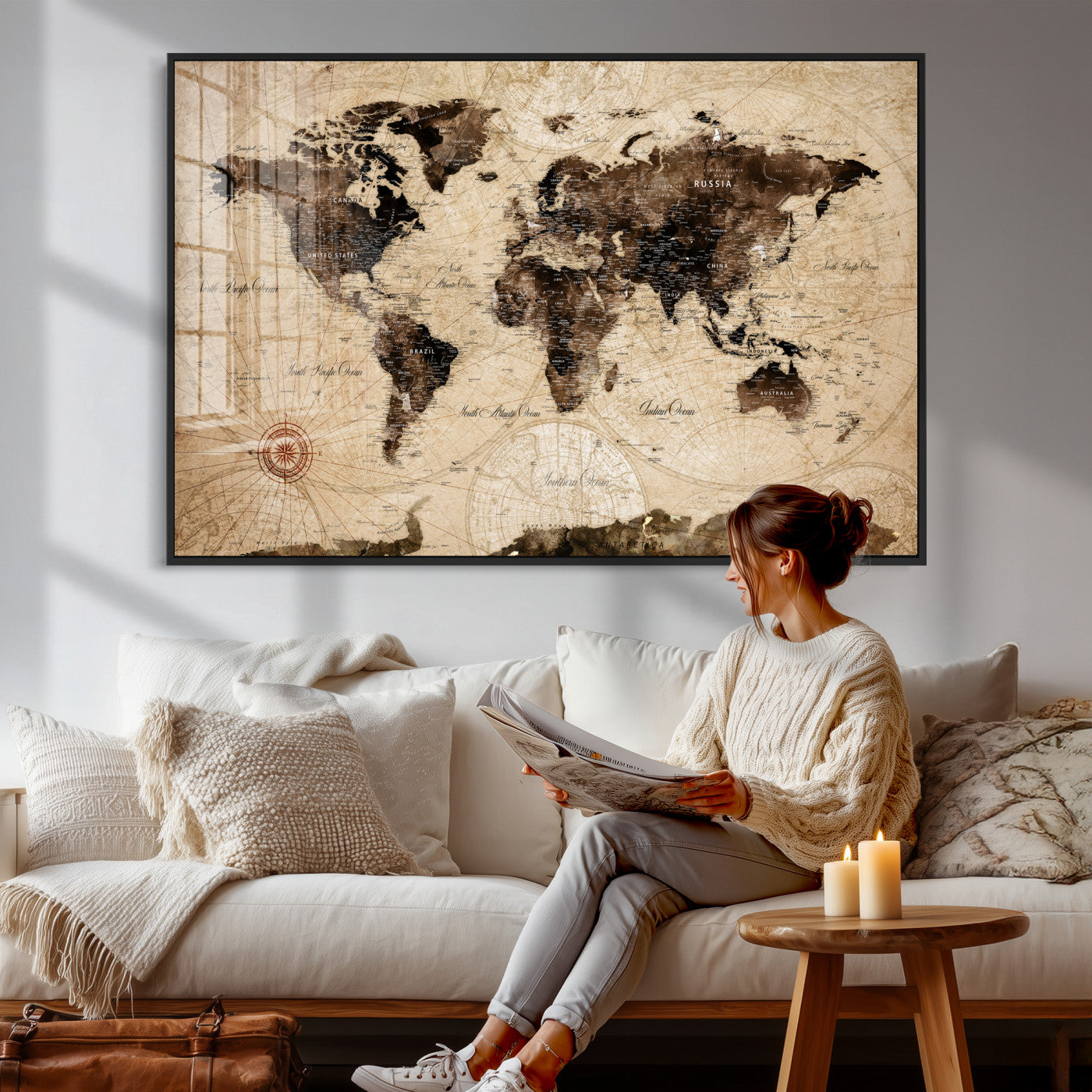 47657418-MGV-CV-36X24 - World Map Wall Art Canvas Print, Modern Decorative Framed Map Artwork Prints for Living Room, Office, Bedroom Wall Decor
