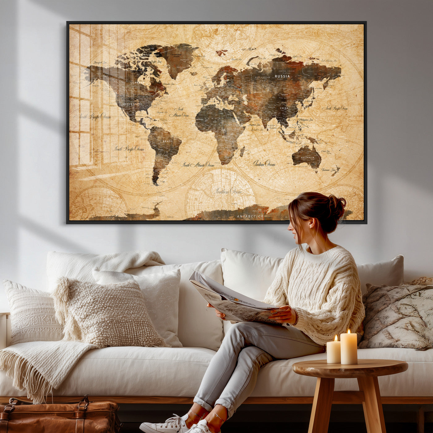 63156625-MGV-CV-36X24 - World Map Wall Art Canvas Print, Modern Decorative Framed Map Artwork Prints for Living Room, Office, Bedroom Wall Decor