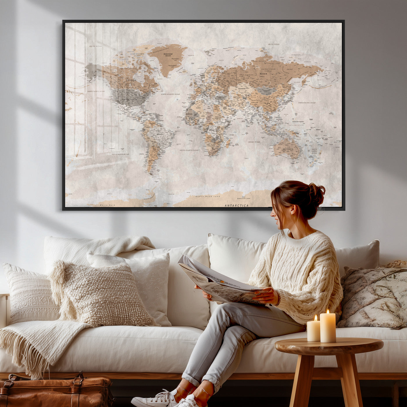 34051638-MGV-CV-36X24 - World Map Wall Art Canvas Print, Modern Decorative Framed Map Artwork Prints for Living Room, Office, Bedroom Wall Decor