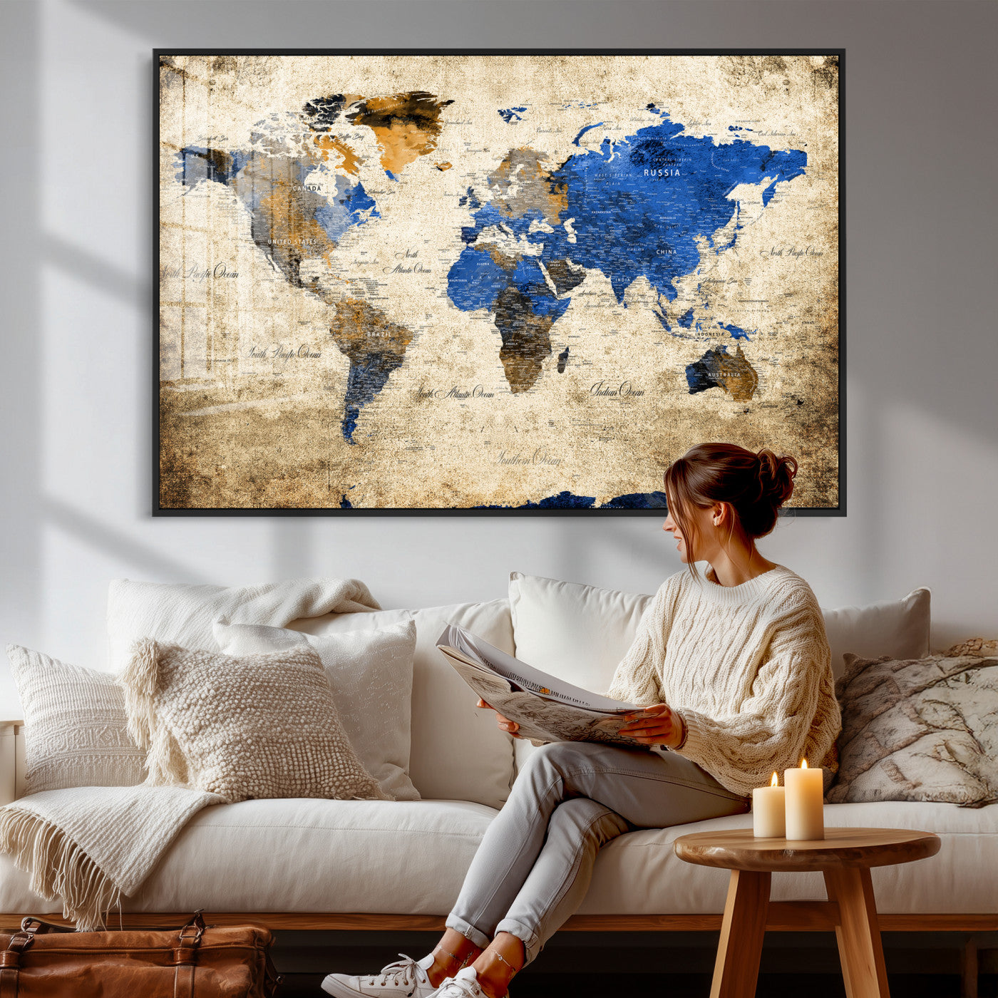 27314341-MGV-CV-36X24 - World Map Wall Art Canvas Print, Modern Decorative Framed Map Artwork Prints for Living Room, Office, Bedroom Wall Decor