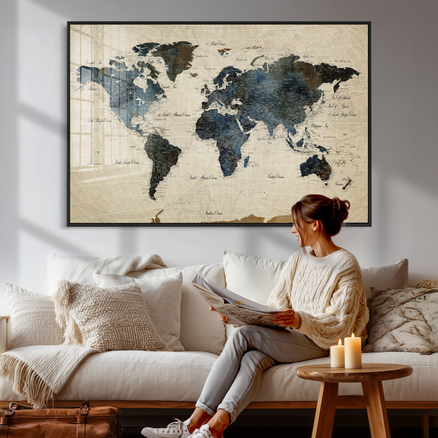 72927803-MGV-CV-36X24 - World Map Wall Art Canvas Print, Modern Decorative Framed Map Artwork Prints for Living Room, Office, Bedroom Wall Decor