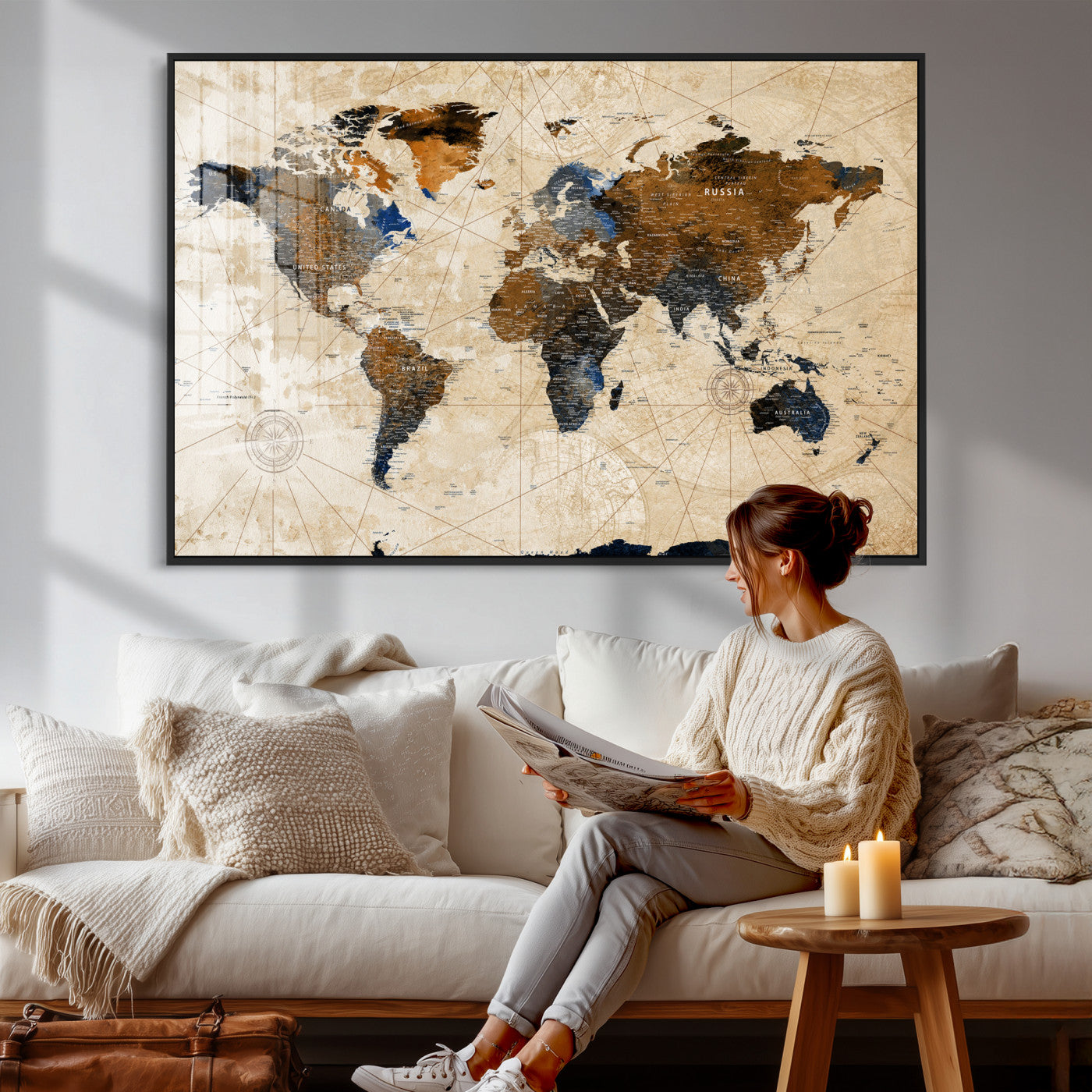 15727090-MGV-CV-36X24 - World Map Wall Art Canvas Print, Modern Decorative Framed Map Artwork Prints for Living Room, Office, Bedroom Wall Decor