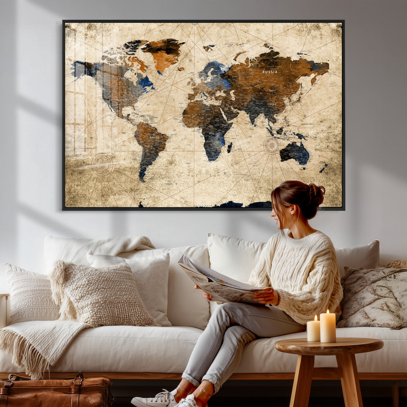 27163414-MGV-CV-36X24 - World Map Wall Art – Rustic Earth Tone Canvas Print, Antique Travel Map Design for Living Room, Office or Study, Classic Adventure Decor