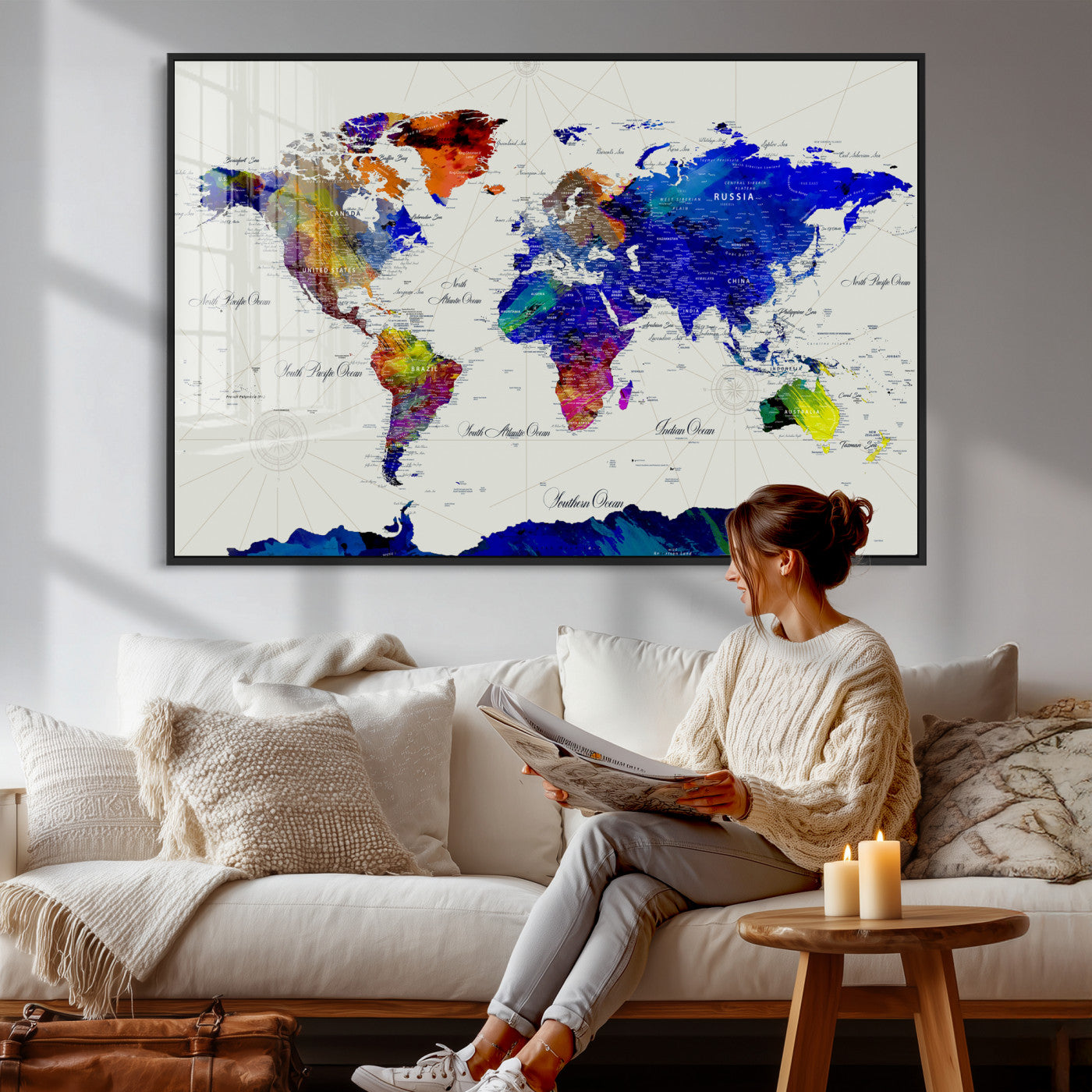 49670038-MGV-CV-36X24 - World Map Wall Art Canvas Print, Modern Decorative Framed Map Artwork Prints for Living Room, Office, Bedroom Wall Decor