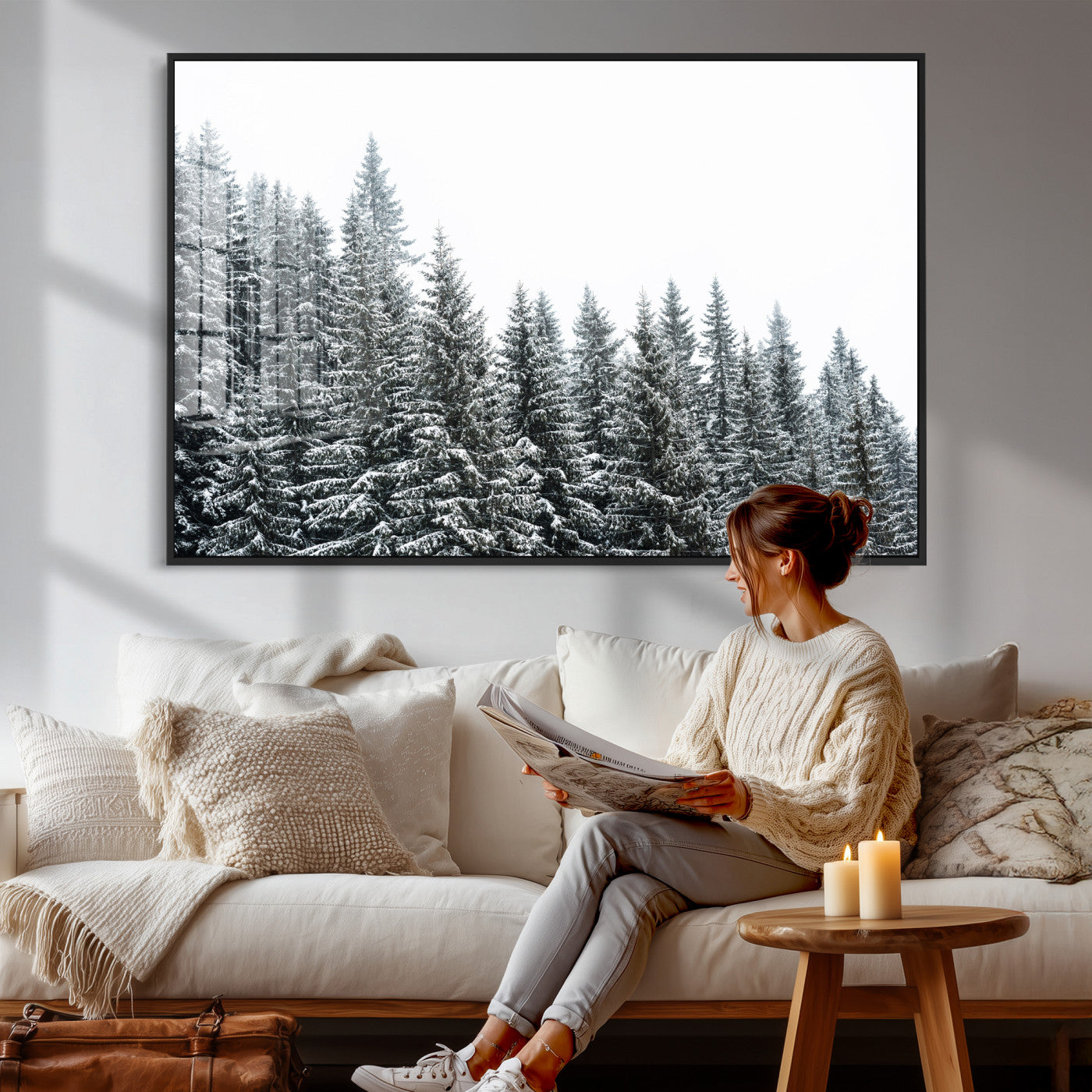 69566941-MGV-CV-36X24 - Misty Mountain Forest Canvas Print, Foggy Pine Trees Nature Wall Art, Framed Canvas Ready to Hang