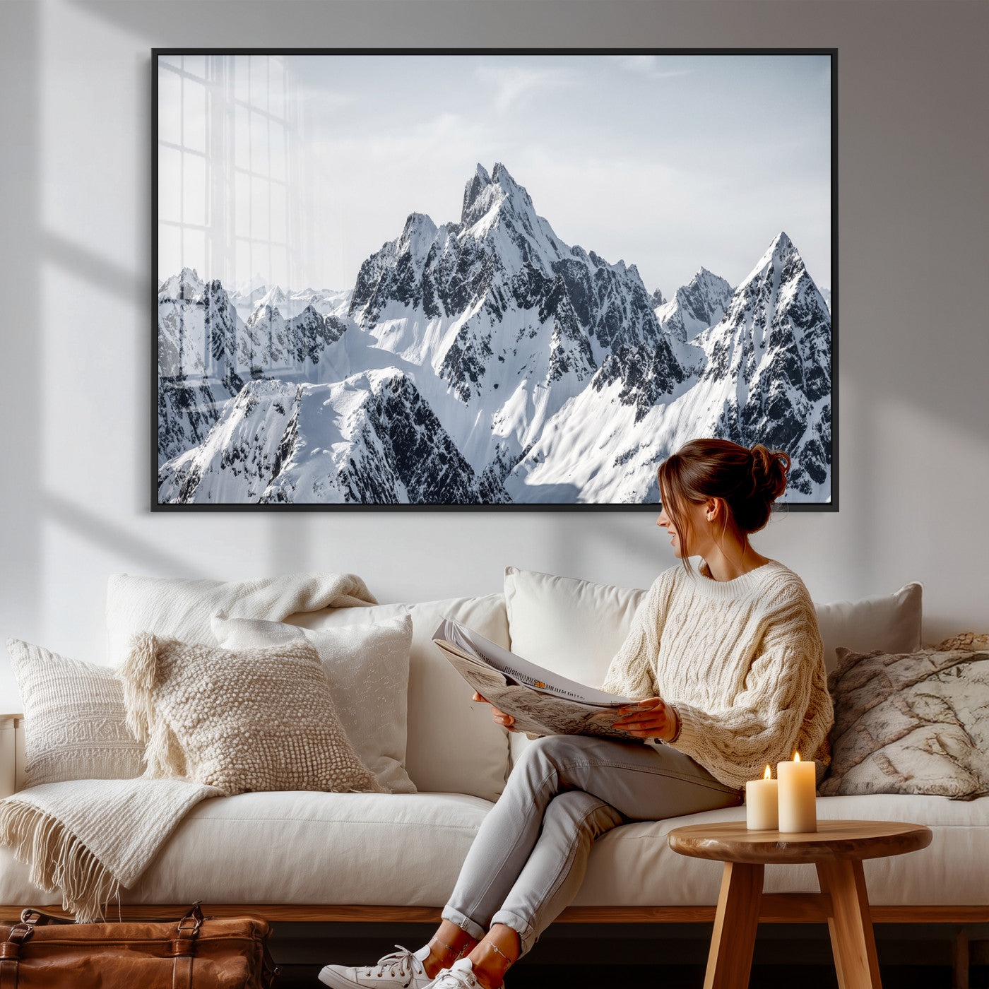 33126265-MGV-CV-36X24 - Snowy Mountain Range Canvas Print, Alpine Peaks Landscape Wall Art, Framed Canvas Ready to Hang