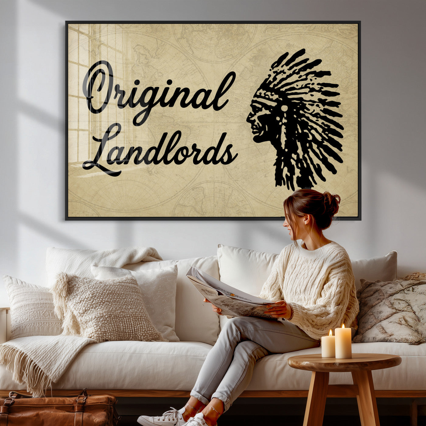 56844712-MGV-CV-36X24 - Original Landlords Wall Art Canvas Print, Native American Silhouette Artwork, Framed Wall Art Ready to Hang
