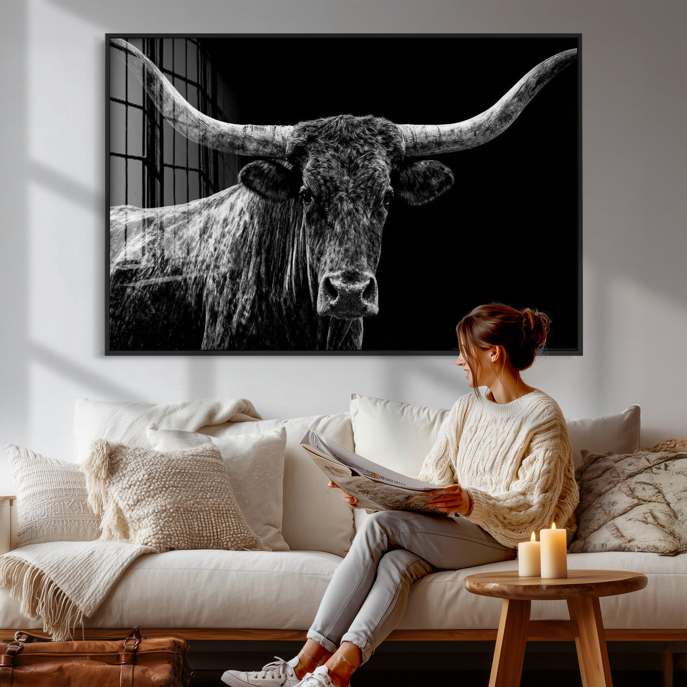 86568508-MGV-CV-36X24 - Vintage Texas Longhorn Bull Wall Art Canvas Print, Texas Cow Portrait Print, Framed Bull Wall Art Ready to Hang