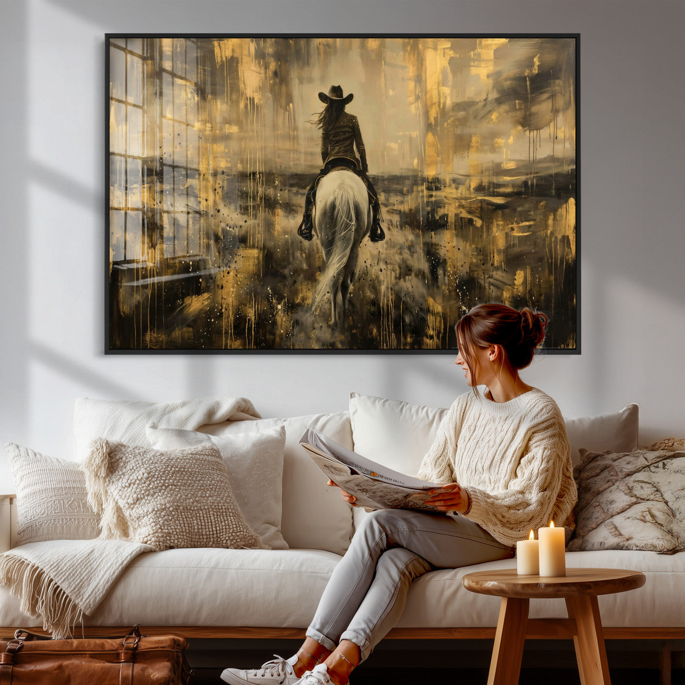 20465530-MGV-CV-36X24 - Cowgirl Wall Art Canvas Print, Western Horse Rider Wall Art, Framed Wall Art Ready to Hang