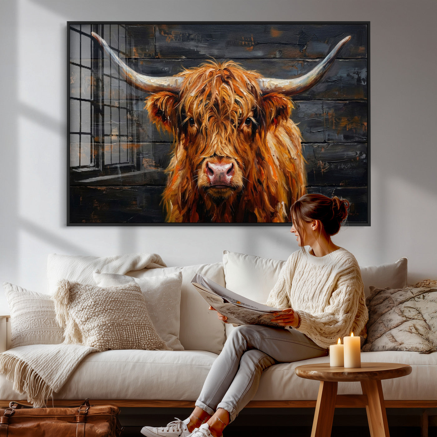 32536611-MGV-CV-36X24 - Highland Cow Wall Art Canvas Print, Rustic Farm Animal Painting, Framed Wall Art Ready to Hang