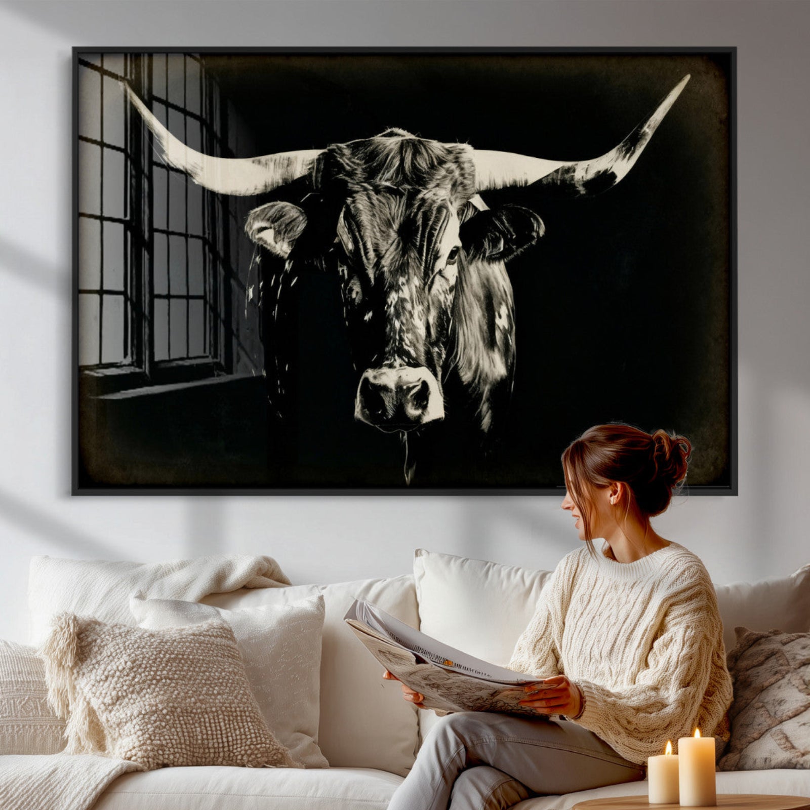 91364114-MGV-CV-36X24 - Black Bull Wall Art Canvas Print, Texas Longhorn Portrait Print, Framed Wall Art Ready to Hang