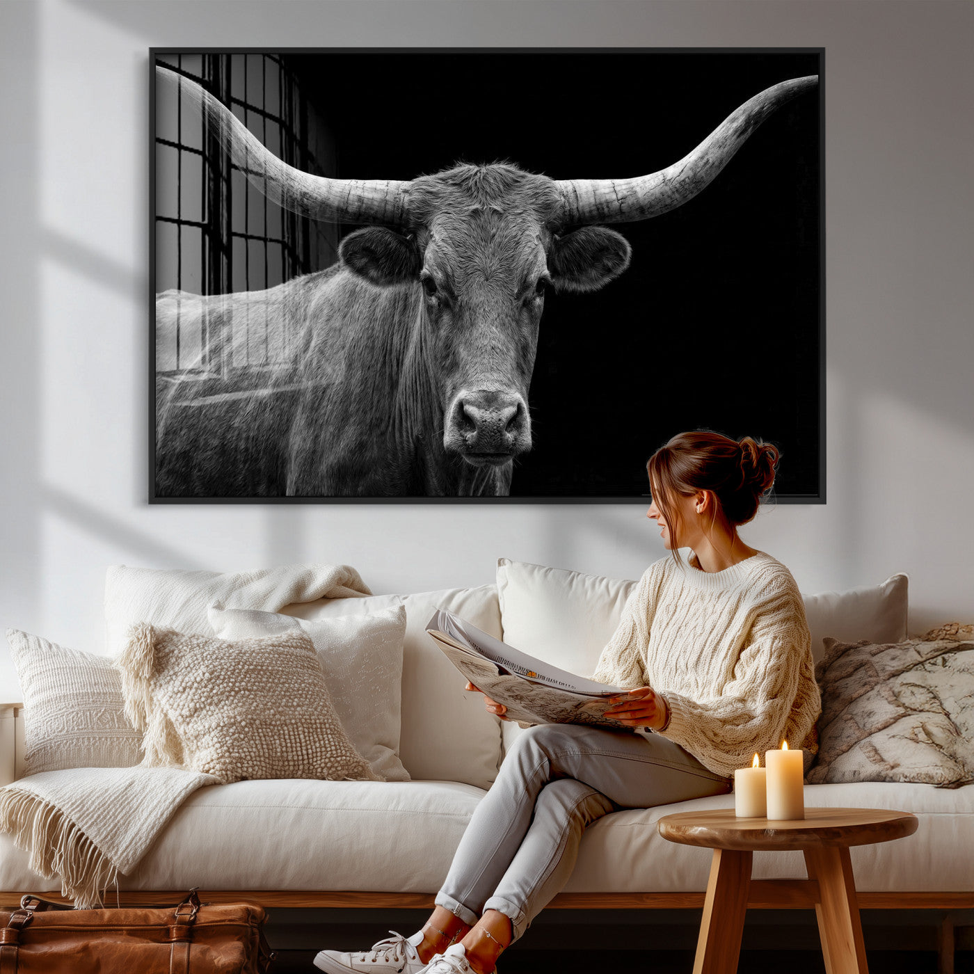 32601430-MGV-CV-36X24 - Texas Longhorn Bull Wall Art Canvas Print, Cow Portrait Photography, Framed Wall Art Ready to Hang