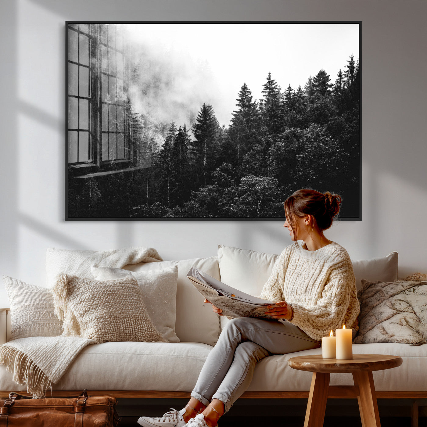 98764151-MGV-CV-36X24 - Black and White Forest Wall Art Canvas Print, Misty Pine Tree Landscape Photography, Framed Wall Art Ready to Hang