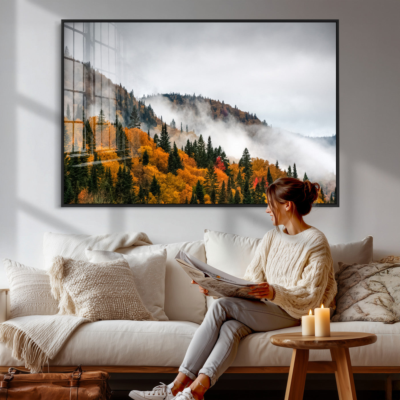 93581632-MGV-CV-36X24 - Autumn Forest Wall Art Canvas Print, Foggy Mountain Landscape Nature Photography, Framed Wall Art Ready to Hang