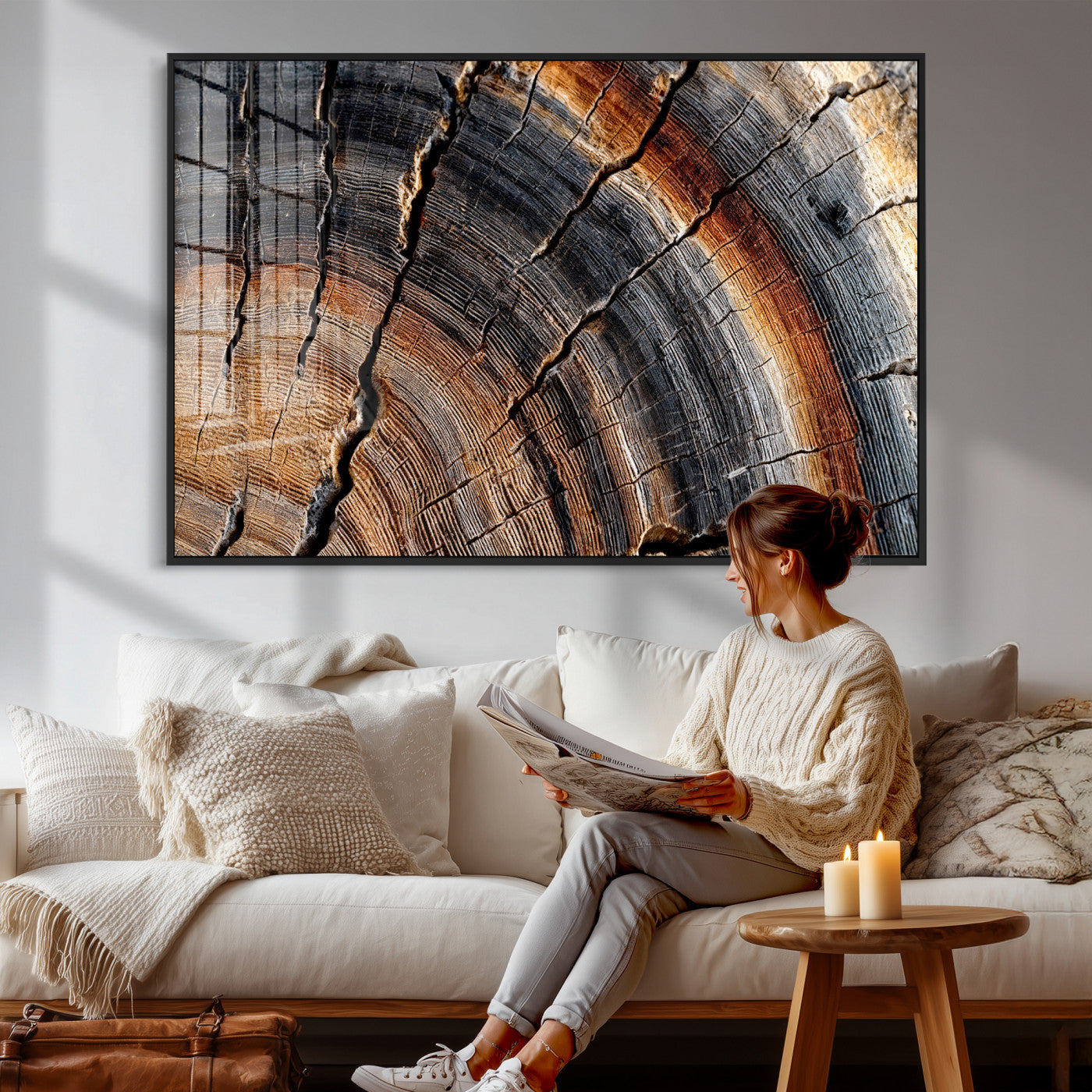 92693966E-MGV-CV-36X24 - Framed Large Abstract Wood Grain Canvas Print, Tree Ring Pattern Wall Art, Framed Canvas Ready to Hang