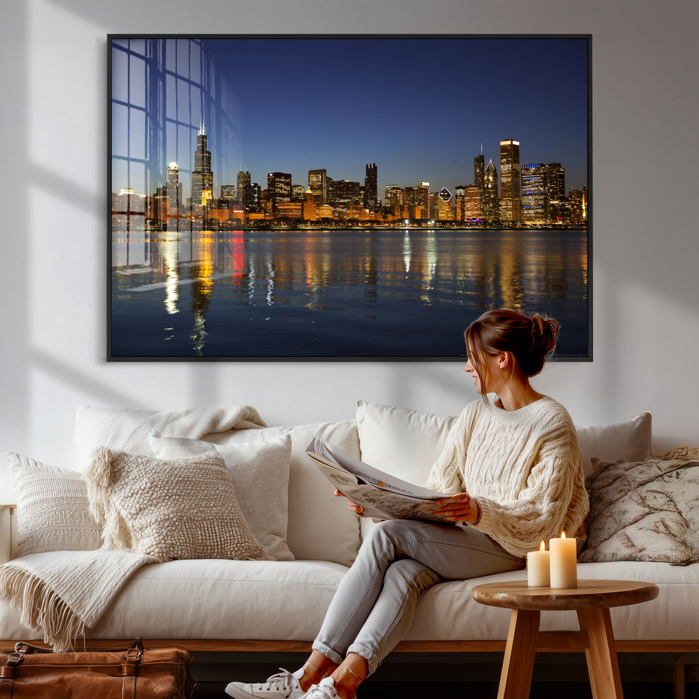 67308035-MGV-CV-36X24 - Chicago Wall Art Canvas Print, Chicago City Downtown Night Cityscape Print for Modern Urban Wall Decor