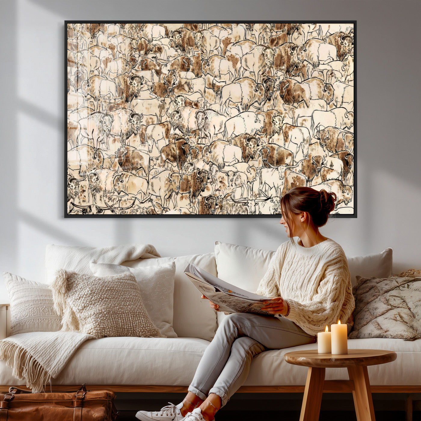 50142019-MGV-CV-36X24 - Farmhouse Animals Wall Art Canvas Print - Abstract Farm Animal Drawing Mid-Century Wall Art for Cabin Decor