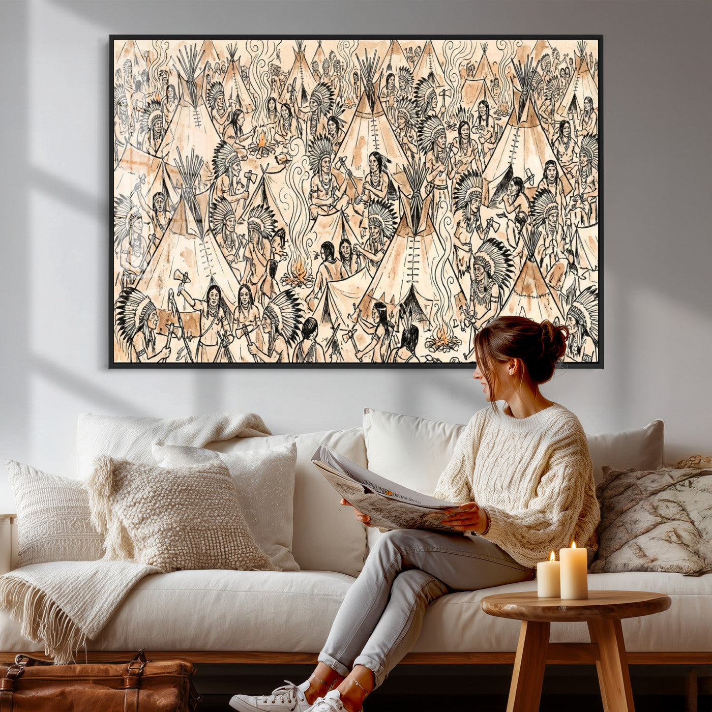 72739176-MGV-CV-36X24 - Farmhouse Animals Wall Art Canvas Print - Abstract Farm Animal Drawing Mid-Century Wall Art for Cabin Decor