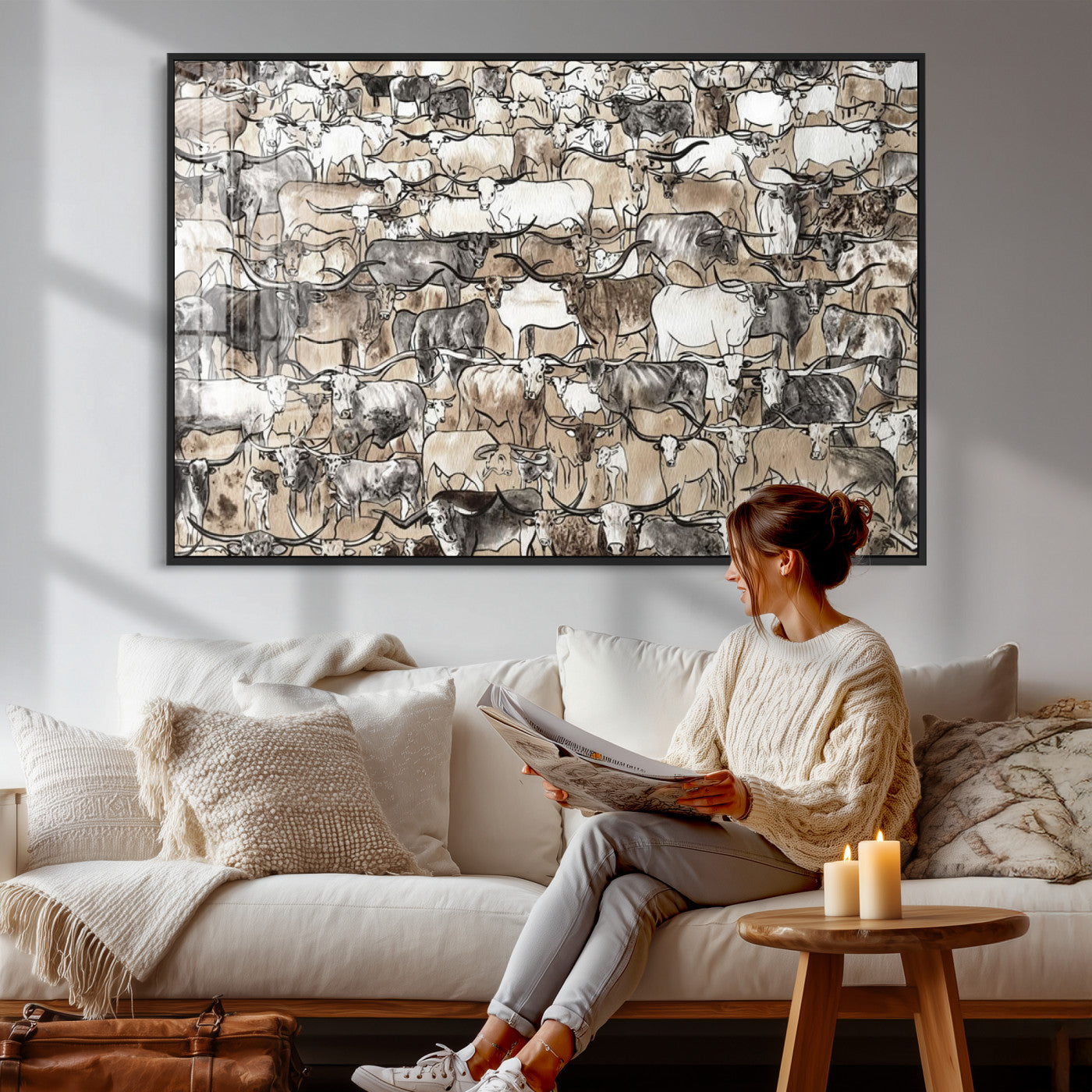 64368752-MGV-CV-36X24 - Farmhouse Animals Wall Art Canvas Print - Abstract Farm Animal Drawing Mid-Century Wall Art for Cabin Decor