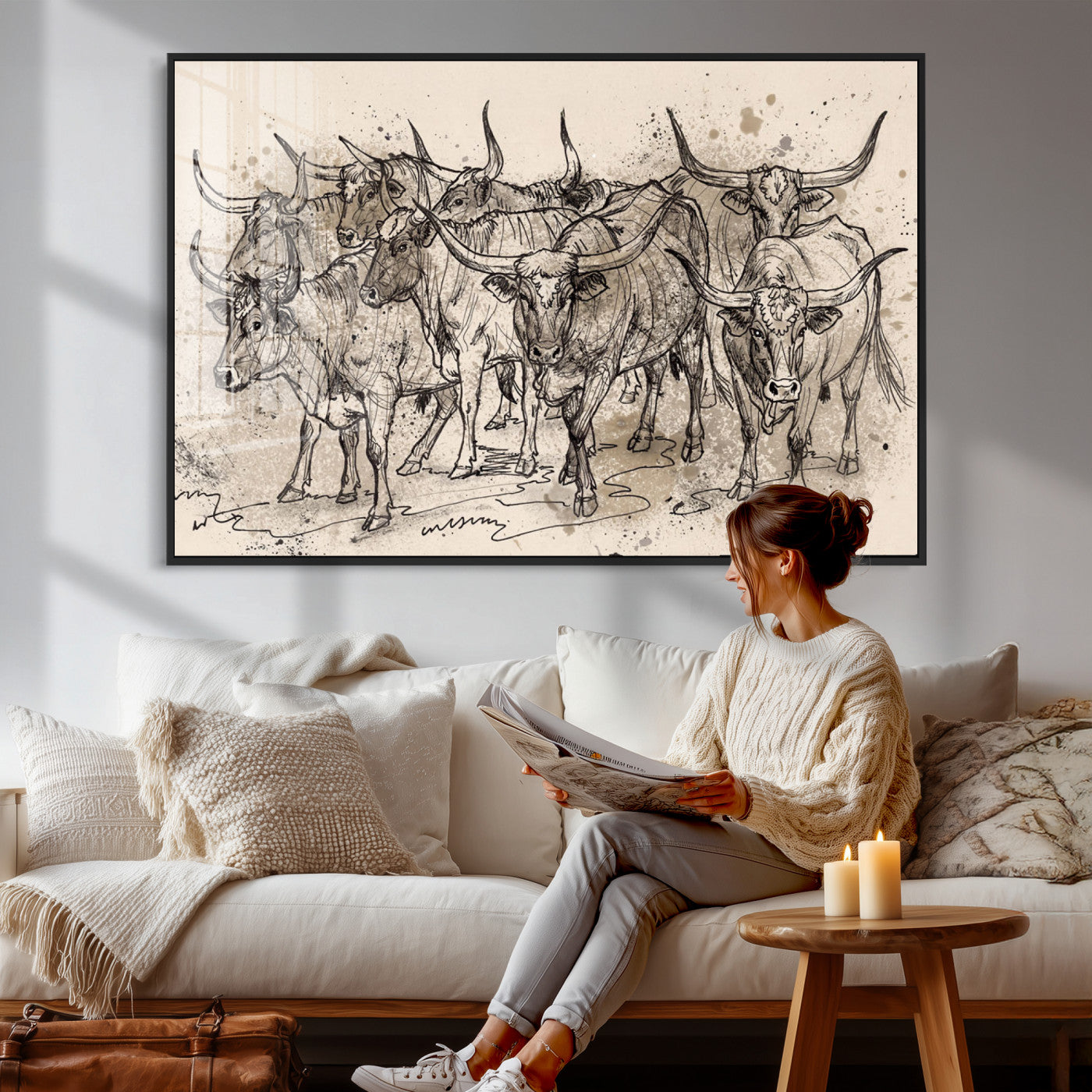 74232558-MGV-CV-36X24 - Farmhouse Animals Wall Art Canvas Print - Abstract Farm Animal Drawing Mid-Century Wall Art for Cabin Decor