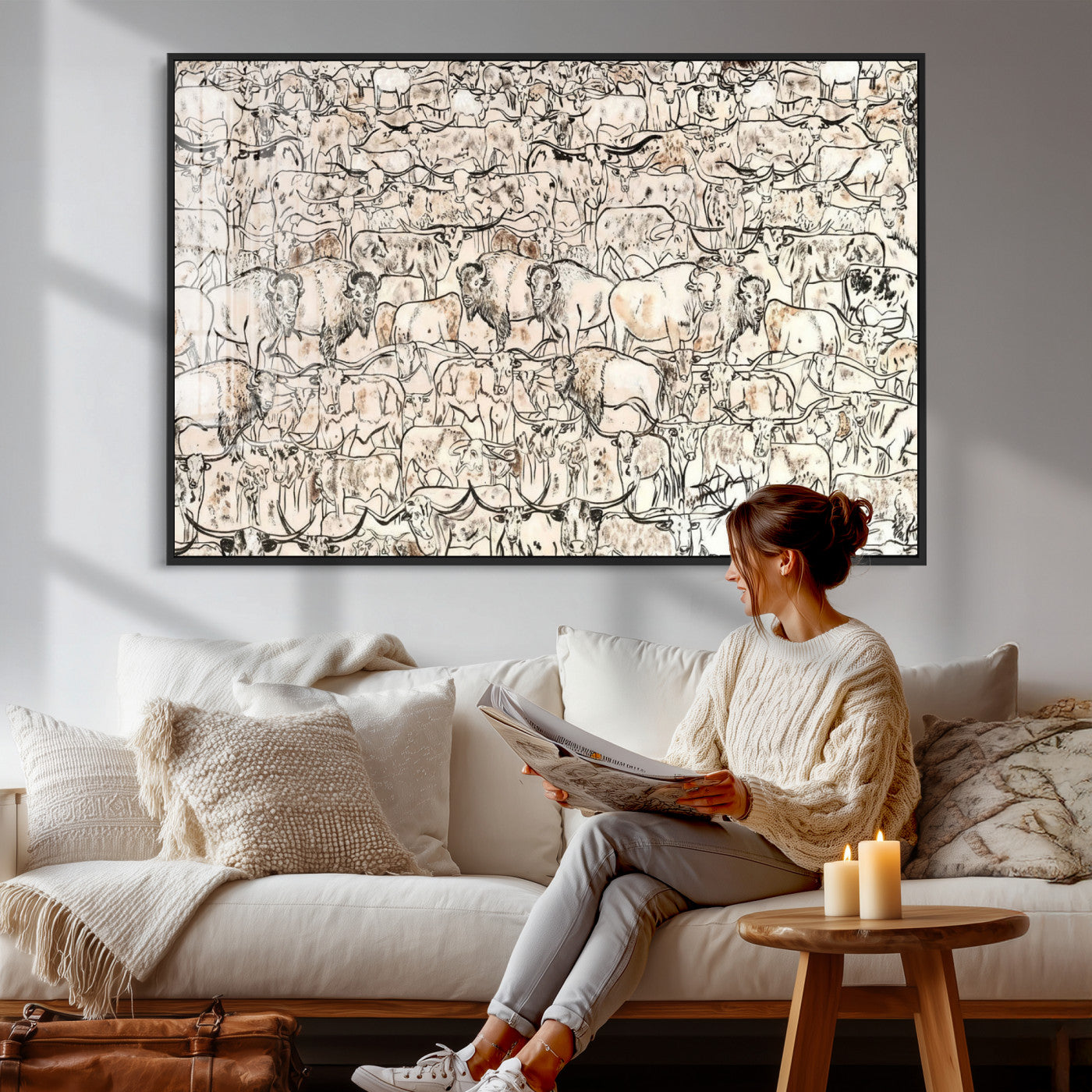 36925875-MGV-CV-36X24 - Farmhouse Animals Wall Art Canvas Print - Abstract Farm Animal Drawing Mid-Century Wall Art for Cabin Decor