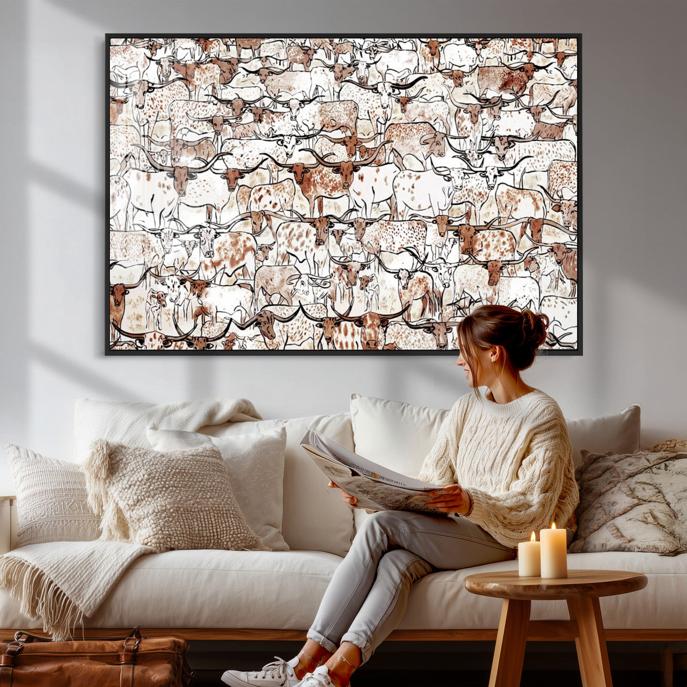 71869761-MGV-CV-36X24 - Farmhouse Animals Wall Art Canvas Print - Abstract Farm Animal Drawing Mid-Century Wall Art for Cabin Decor