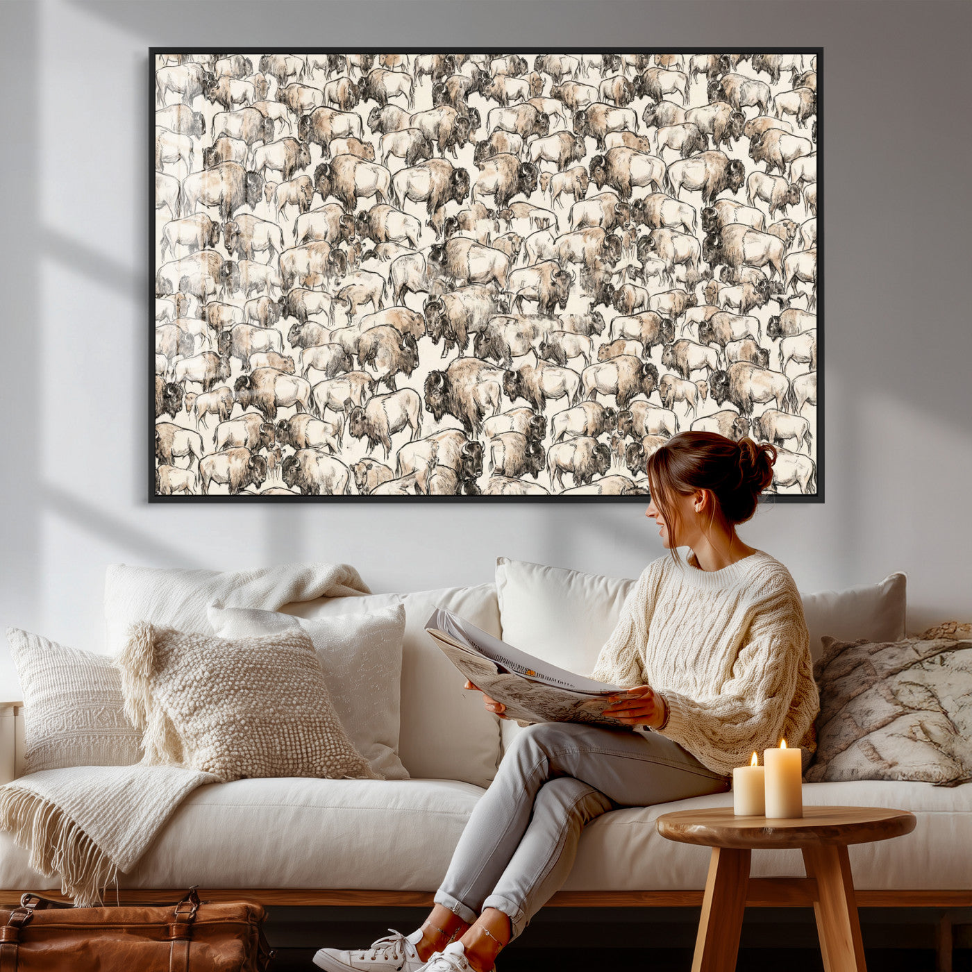 77502929-MGV-CV-36X24 - Farmhouse Animals Wall Art Canvas Print - Abstract Farm Animal Drawing Mid-Century Wall Art for Cabin Decor