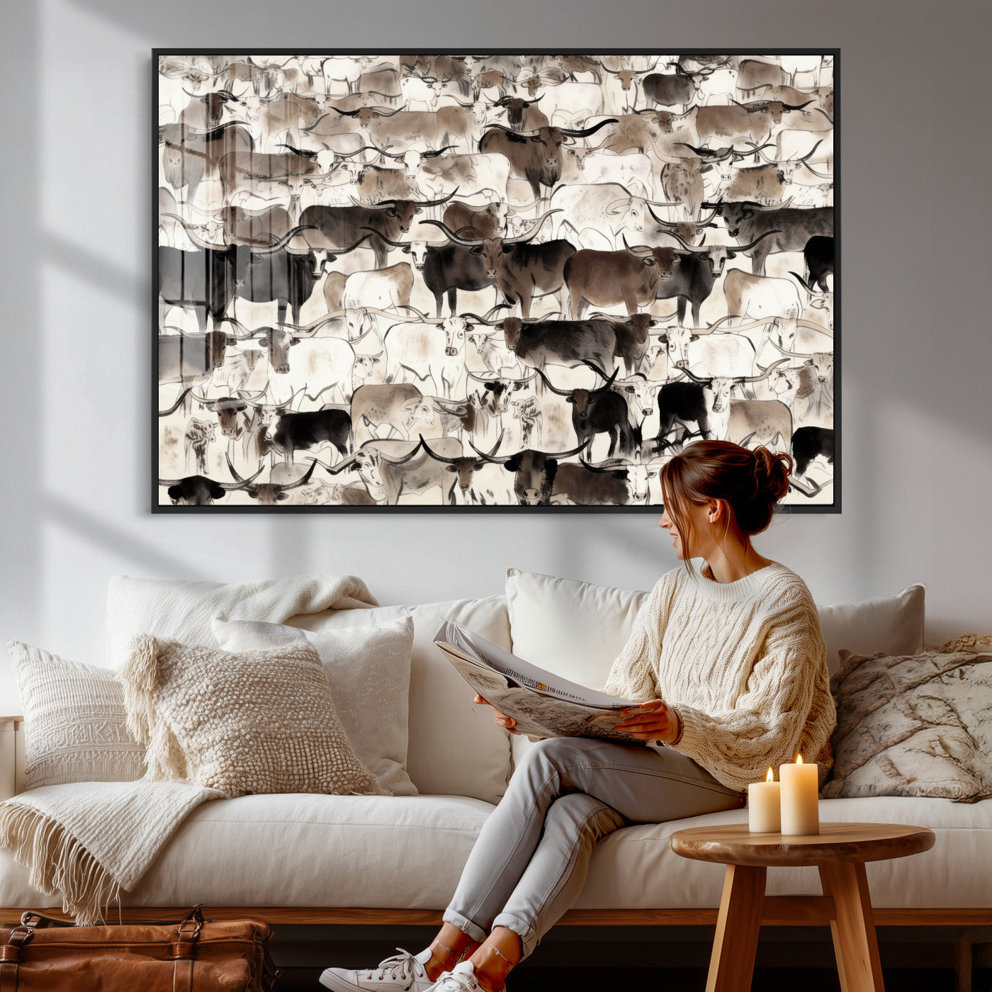 46084312-MGV-CV-36X24 - Farmhouse Animals Wall Art Canvas Print - Abstract Farm Animal Drawing Mid-Century Wall Art for Cabin Decor