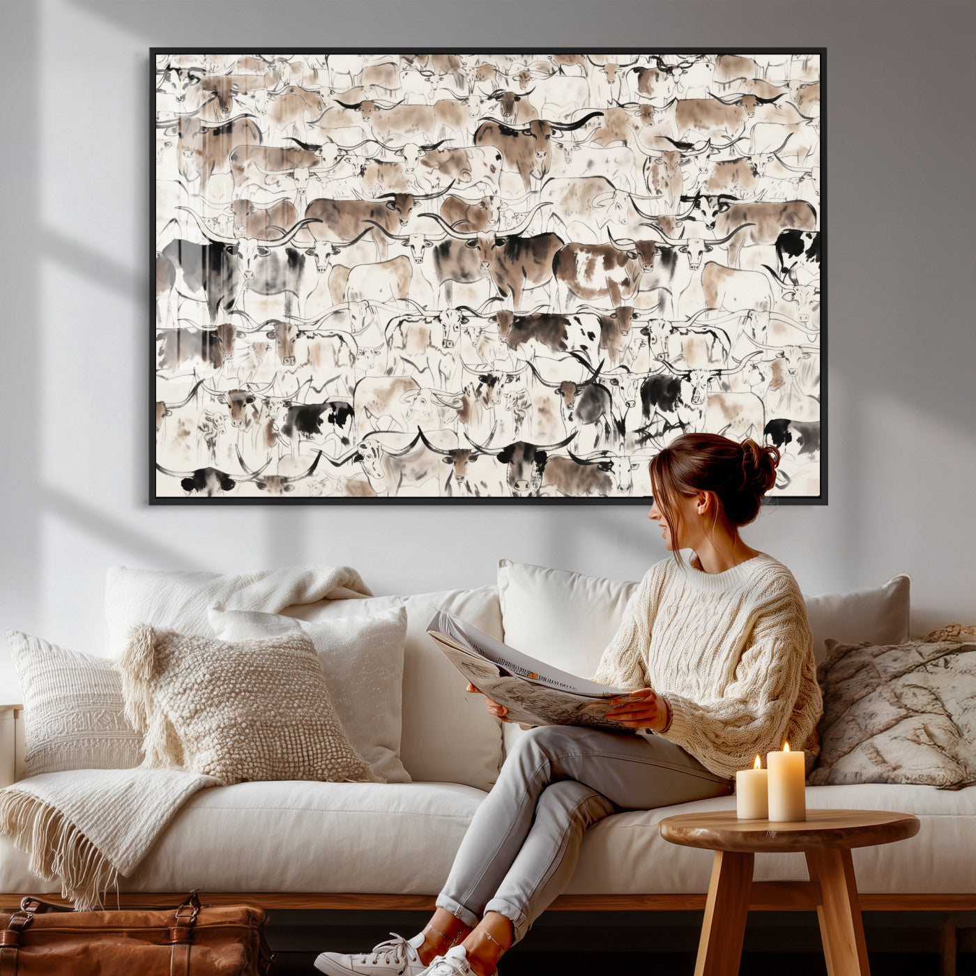 66685375-MGV-CV-36X24 - Farmhouse Animals Wall Art Canvas Print - Abstract Farm Animal Drawing Mid-Century Wall Art for Cabin Decor