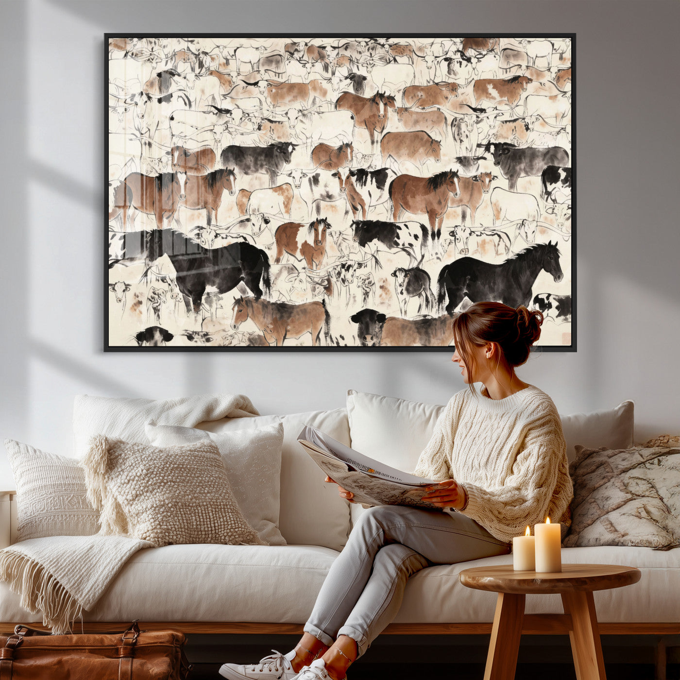 74171578-MGV-CV-36X24 - Farmhouse Animals Wall Art Canvas Print - Abstract Farm Animal Drawing Mid-Century Wall Art for Cabin Decor