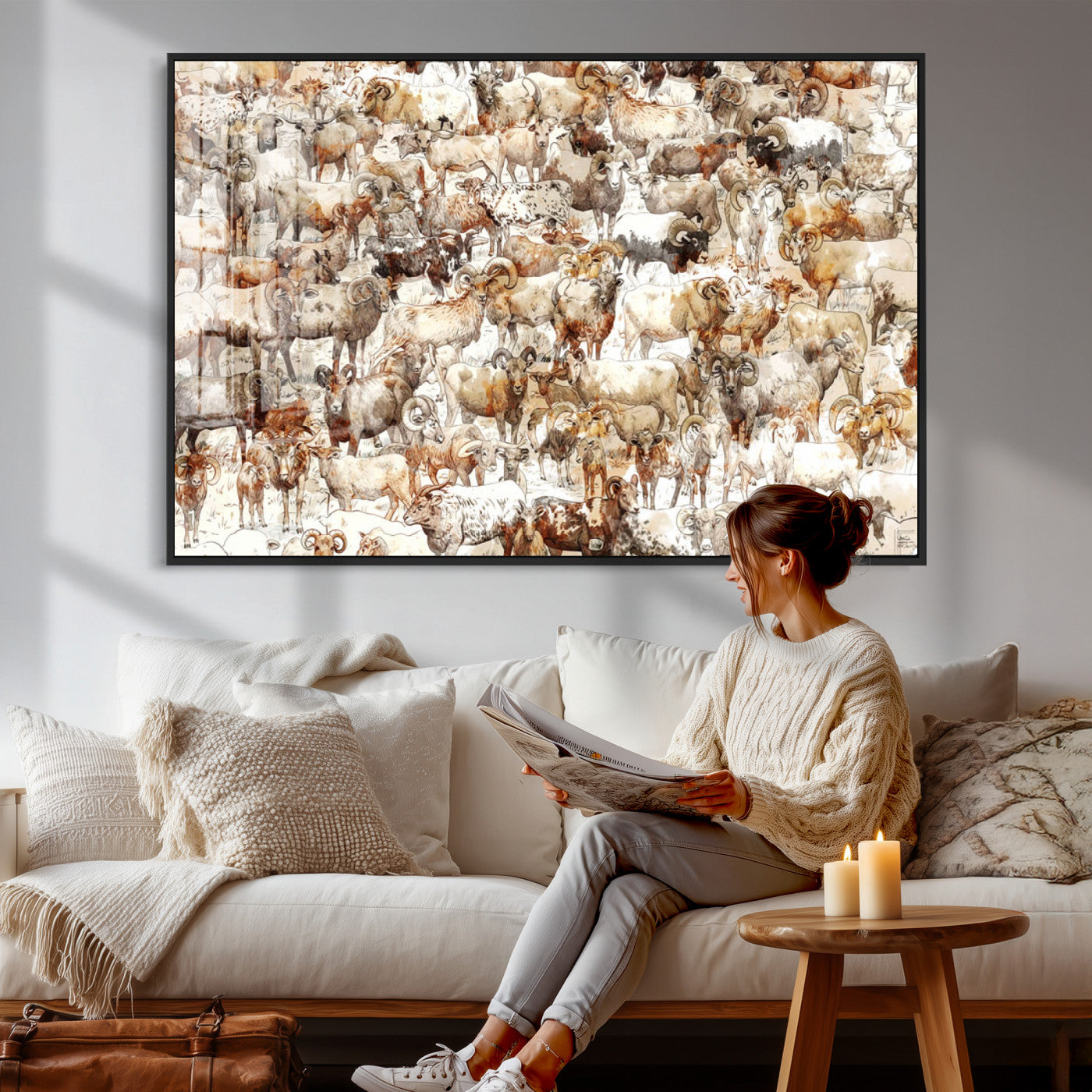 95103864-MGV-CV-36X24 - Farmhouse Animals Wall Art Canvas Print - Abstract Farm Animal Drawing Mid-Century Wall Art for Cabin Decor