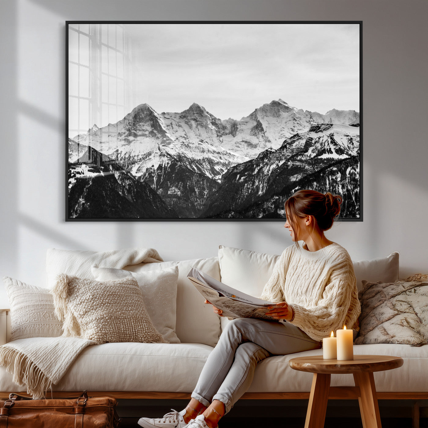 85684934-MGV-CV-36X24 - Black and White Mountain Wall Art Canvas Print, Snowy Alpine Peaks Landscape Photography, Minimal Monochrome Mountain Art, Scenic Nature Wall Decor